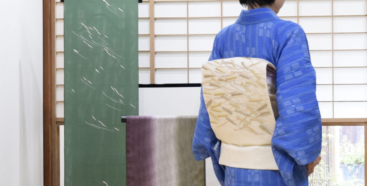 小千谷縮　機械織　経絣　紫陽花　夏帯　今立和紙　夢訪庵　麦　穂　今小路 あま宮　文月のキモノ