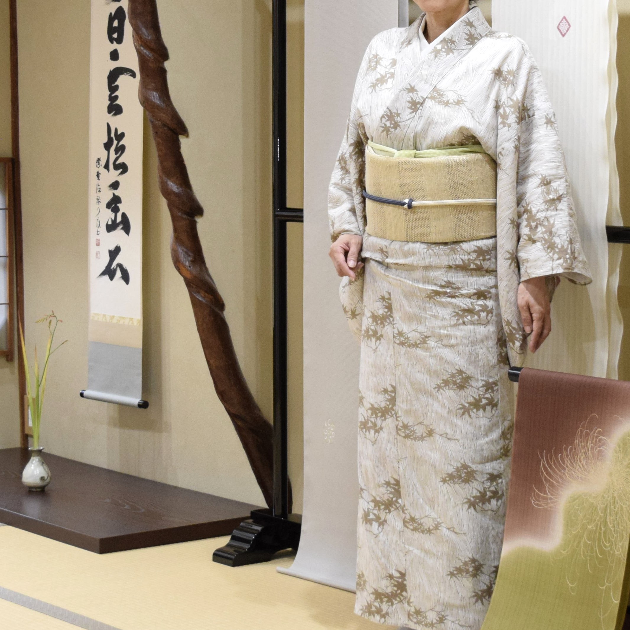 エジプト綿麻 よろけ縞に楓 伊勢型紙 真糊 自然布 藤布 今小路 あま宮 雨の日のキモノ 文月のキモノ