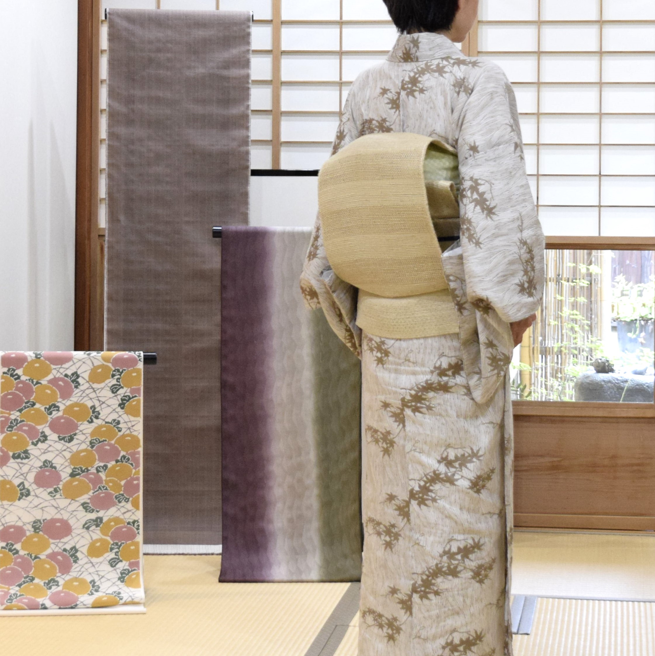 エジプト綿麻 よろけ縞に楓 伊勢型紙 真糊 自然布 藤布 今小路 あま宮 雨の日のキモノ 文月のキモノ