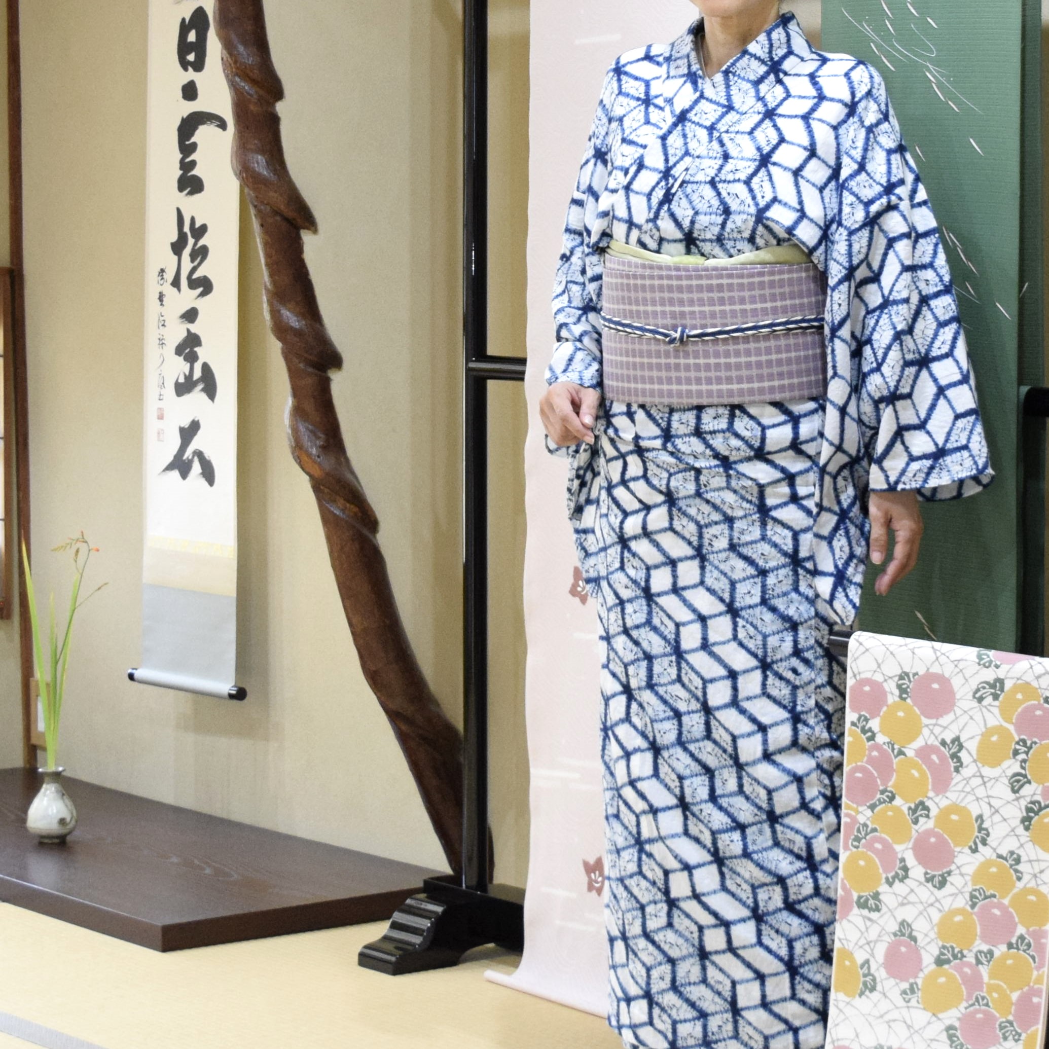 浴衣 有松絞り 正藍 石畳 夏帯 吉野格子 今小路 あま宮 文月のキモノ