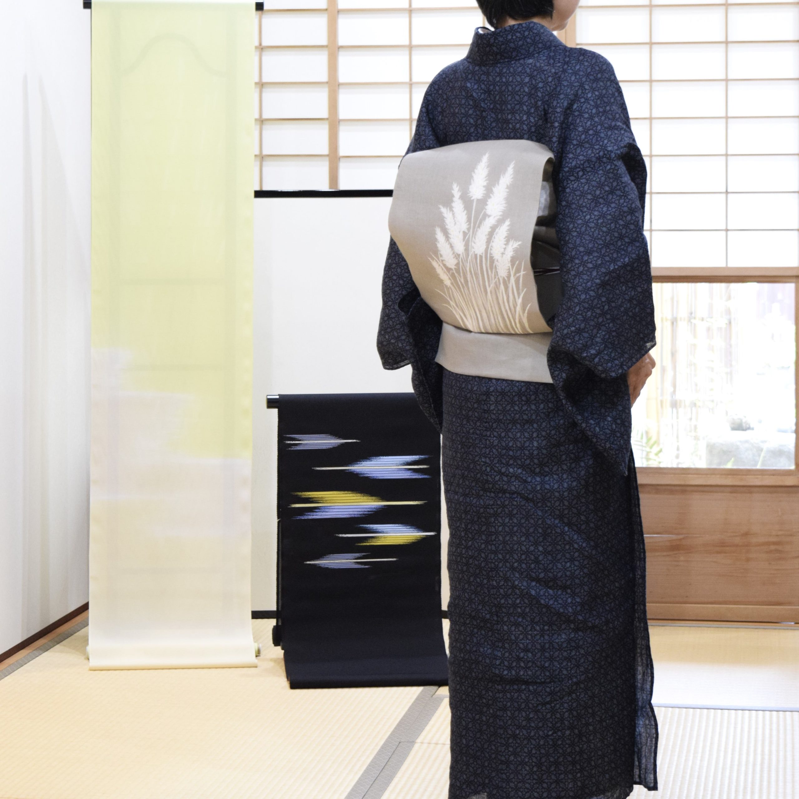 宮古上布 総絣 七宝つなぎ 麻の九寸名古屋帯 穂 今小路 あま 宮 葉月のキモノ