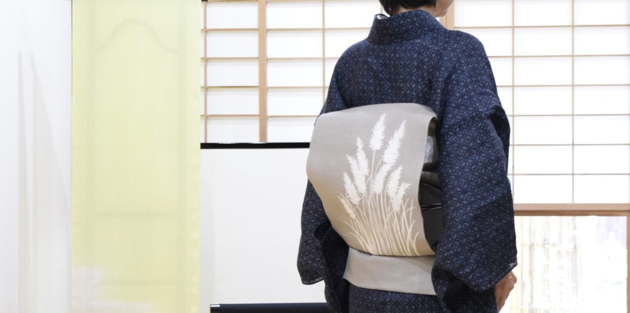 宮古上布　総絣　七宝つなぎ　麻の九寸名古屋帯　穂　今小路 あま 宮　葉月のキモノ