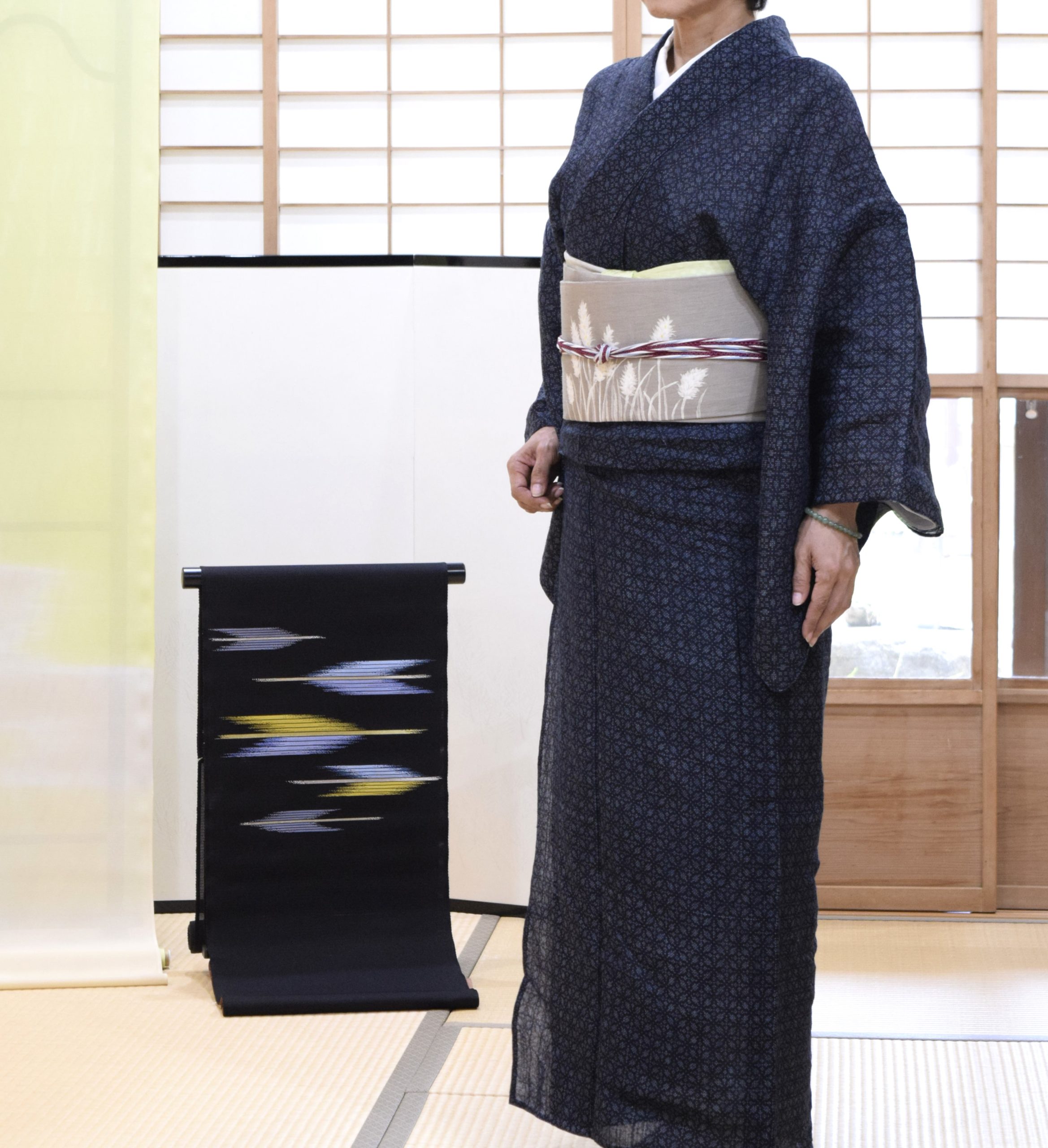 宮古上布 総絣 七宝つなぎ 麻の九寸名古屋帯 穂 今小路 あま 宮 葉月のキモノ