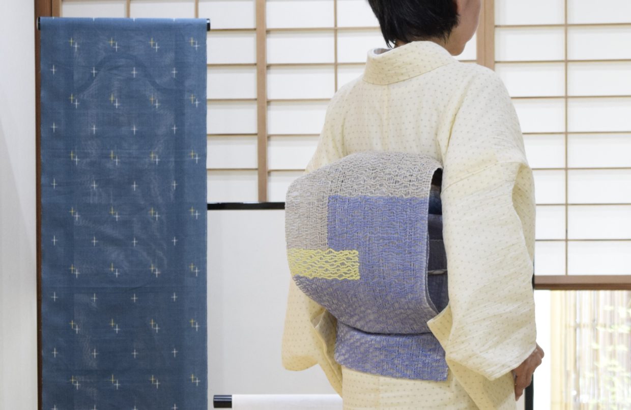 小千谷縮　手織　十字絣　夏帯　ざっくり八寸　織り分け　洛風林　今小路 あま宮　葉月のキモノ