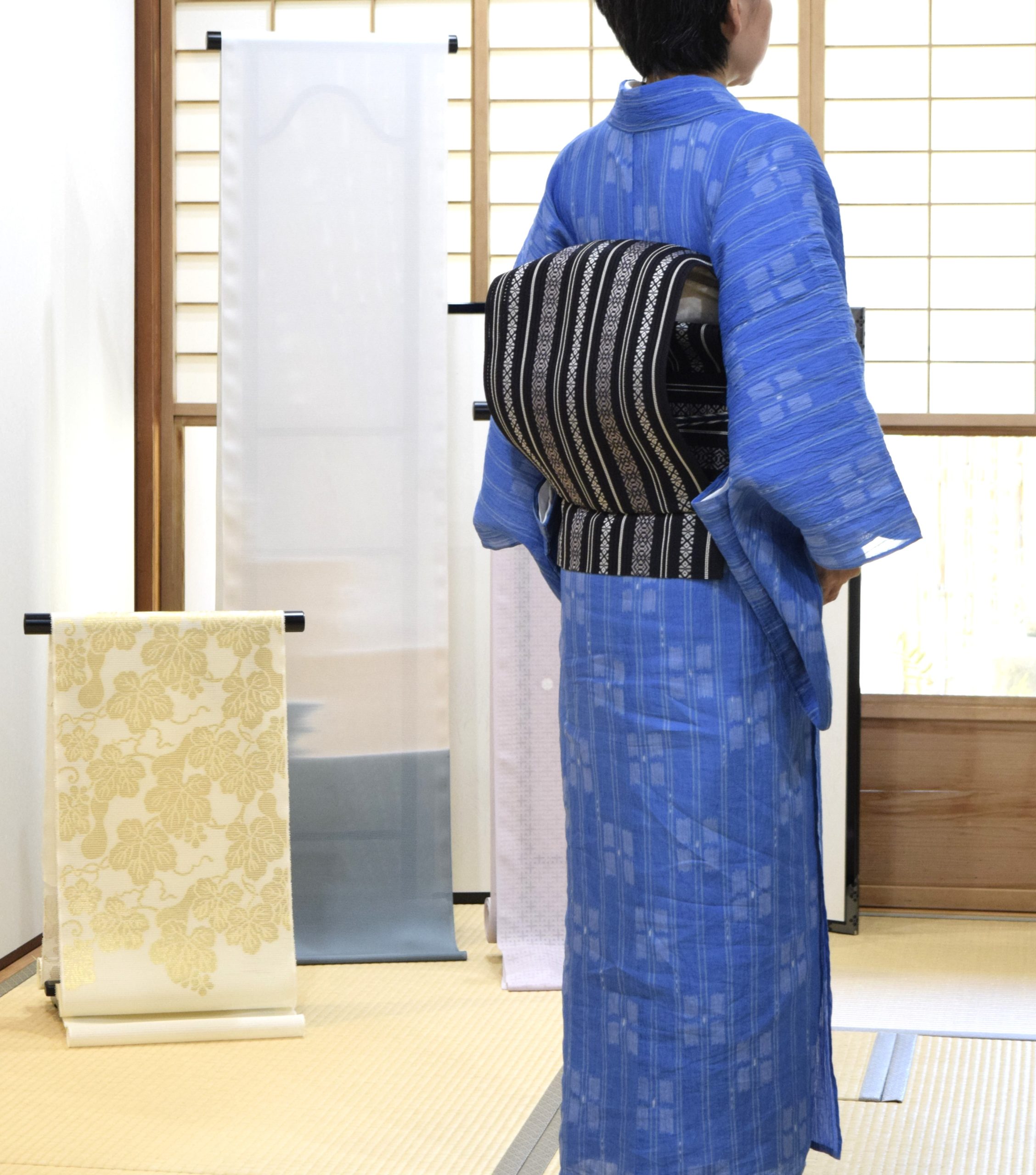 小千谷縮 機械織 経絣 花 紫陽花 夏帯 博多帯 絽献上 五献 今小路 あま宮 葉月のキモノ