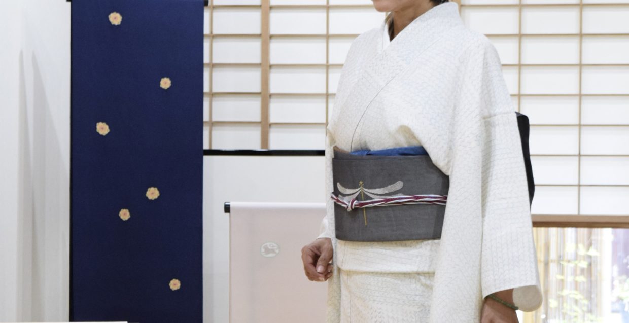 絽小紋　芽柳　夏帯　すくい　手織　紗の九寸名古屋帯　トンボ　蜻蛉　今小路 あま宮　葉月のキモノ