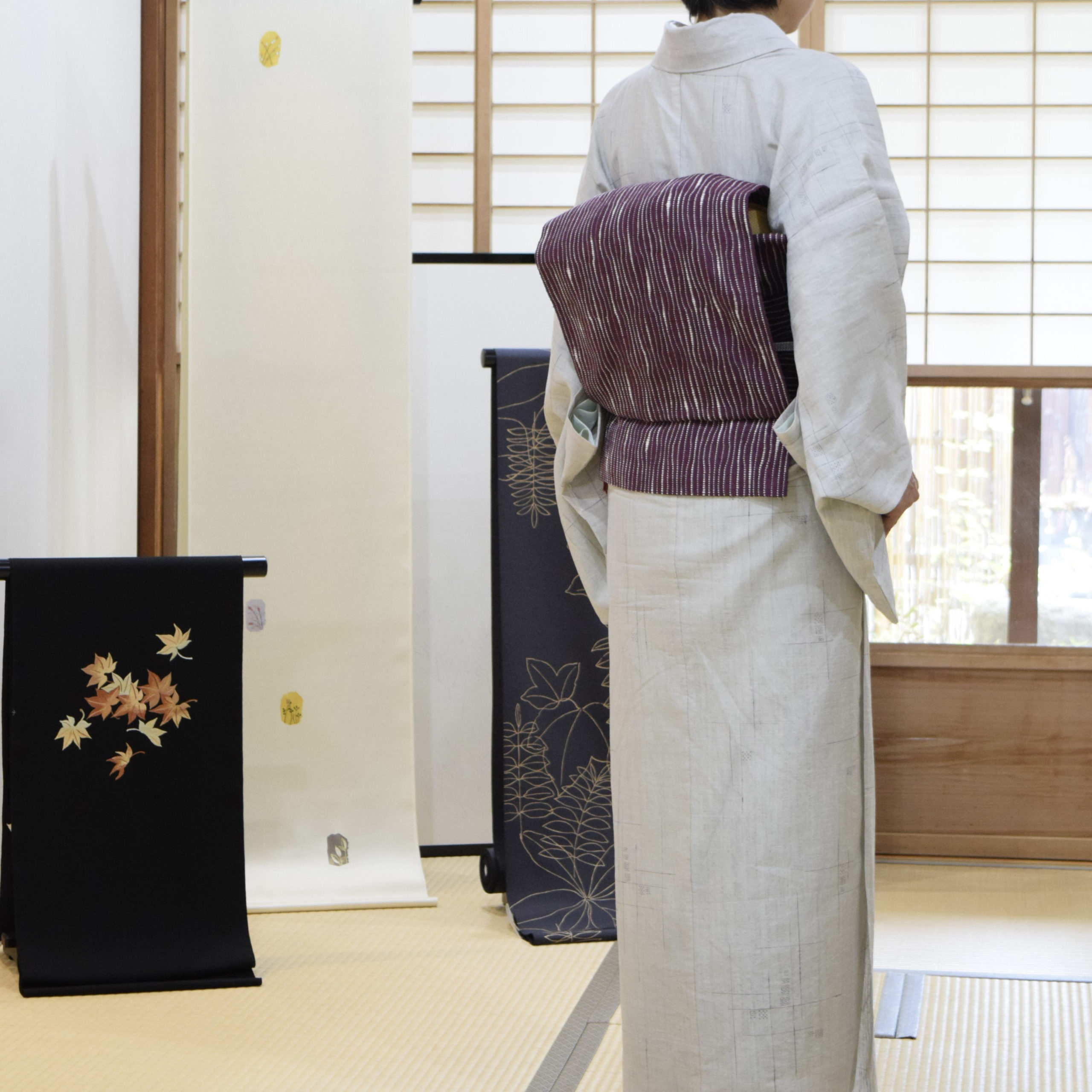 夏結城 絹麻 地機 飛び絣 八寸名古屋帯 手織 草木染め 夢訪庵 縞 伊予紬 今小路 あま宮 神無月のキモノ 雨の日のキモノ