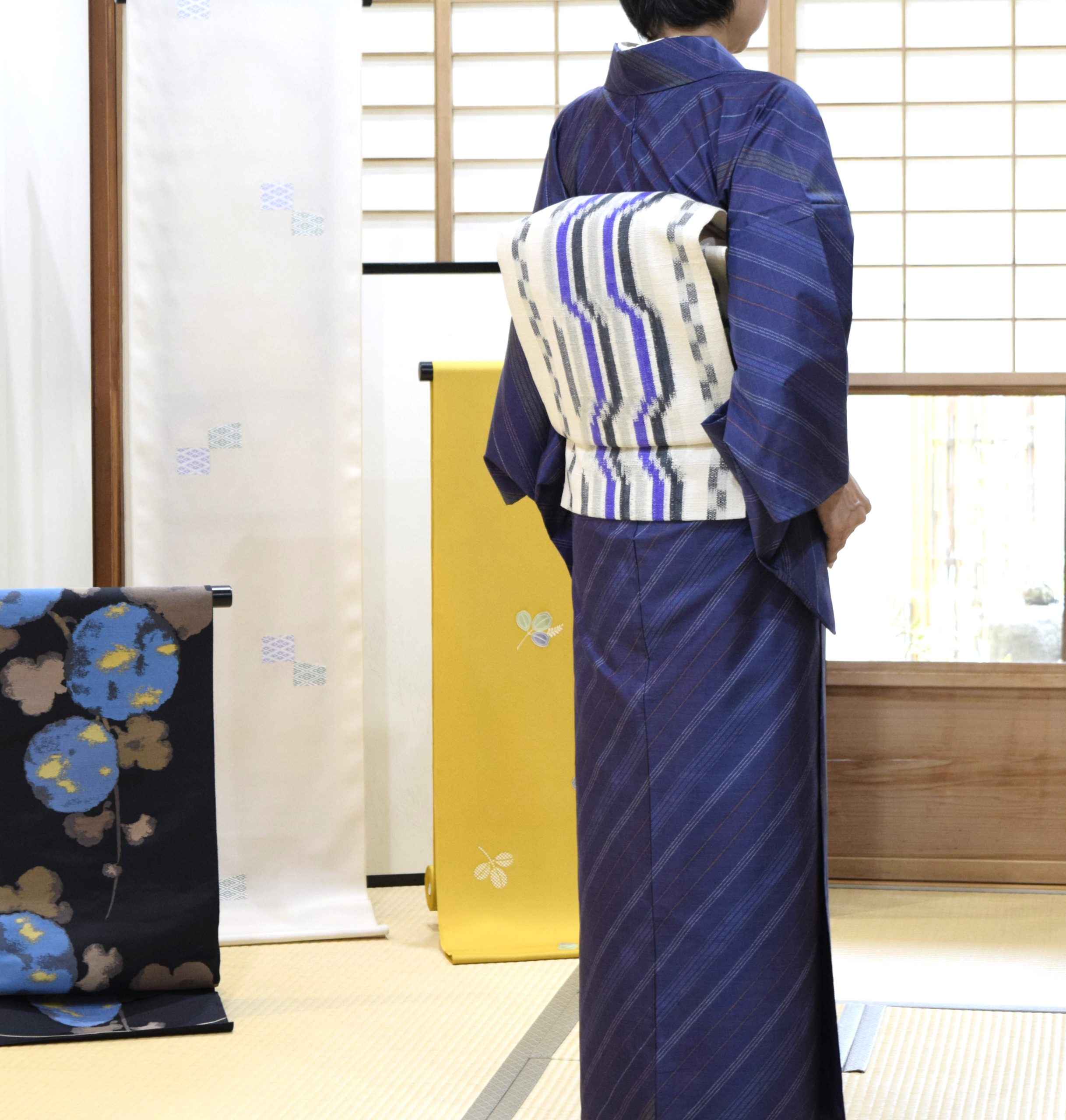 単衣 色大島 バイヤス縞絣 一元絣 八寸帯 洛風林 縞 今小路 あま宮 神無月のキモノ 雨降るかも?な日のキモノ