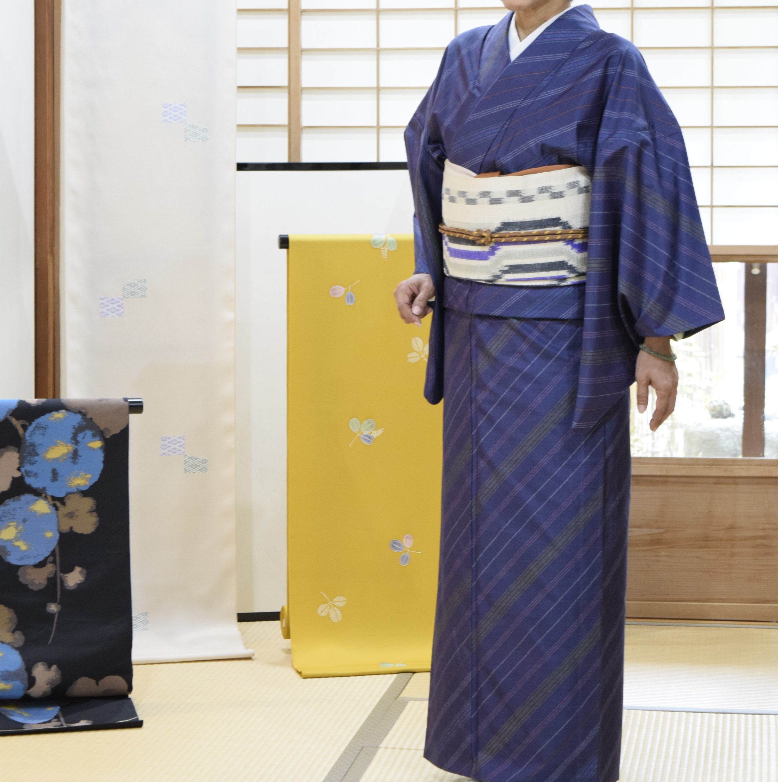 単衣 色大島 バイヤス縞絣 一元絣 八寸帯 洛風林 縞 今小路 あま宮 神無月のキモノ 雨降るかも?な日のキモノ