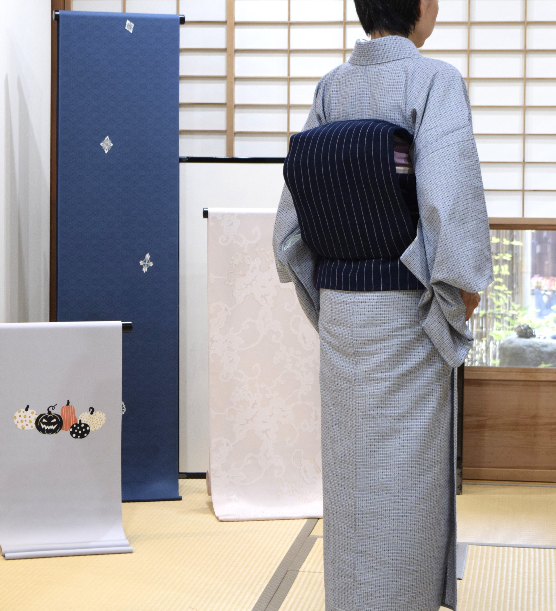 綿麻 与那国綿麻 琉球藍 木綿の九寸名古屋帯 縞 藍 土佐手島 福永世紀子作 今小路 あま宮 神無月のキモノ 雨の日予報のキモノ