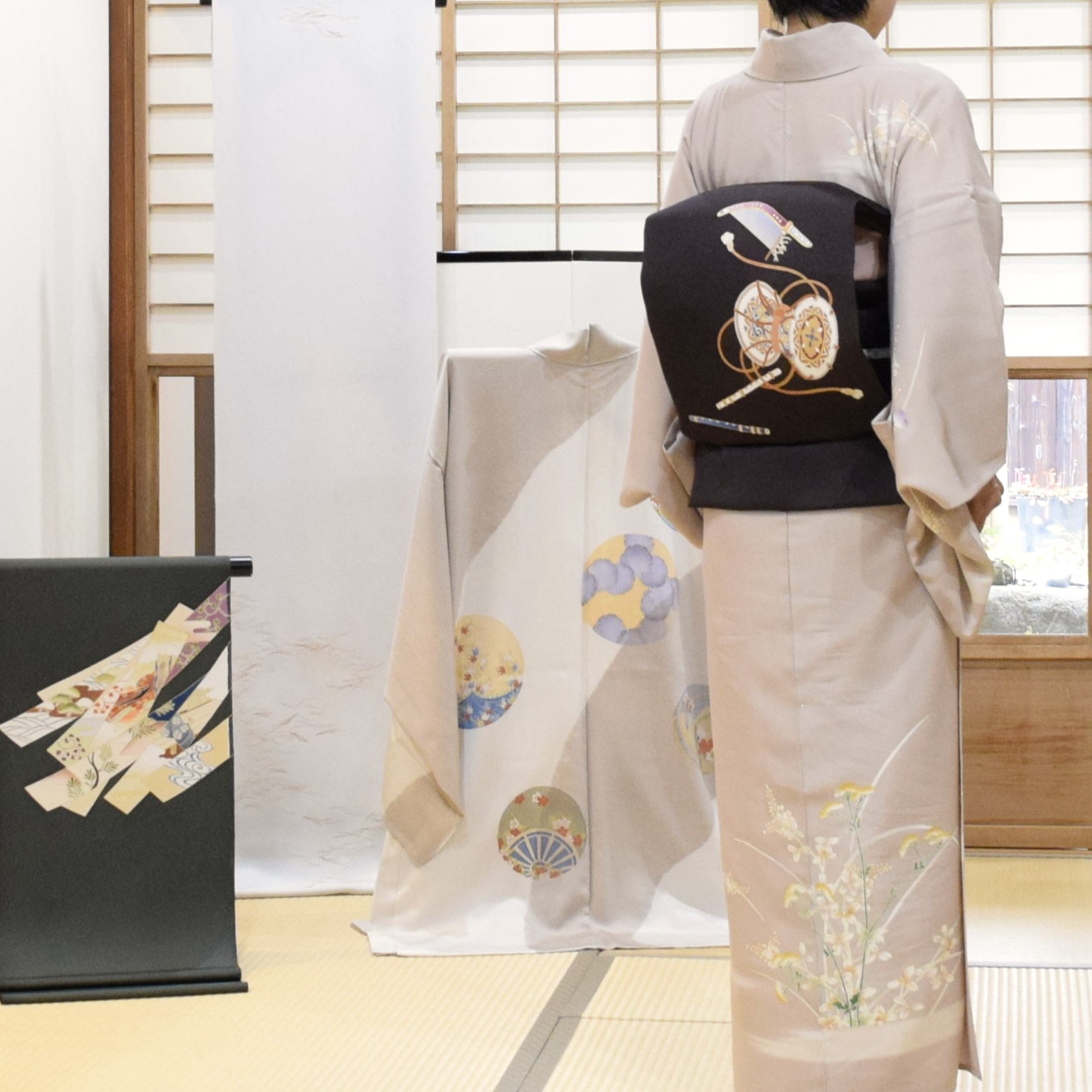 単衣 附下 秋草 塩瀬の染帯 雅楽器 今小路 あま宮 神無月のキモノ お出かけキモノ