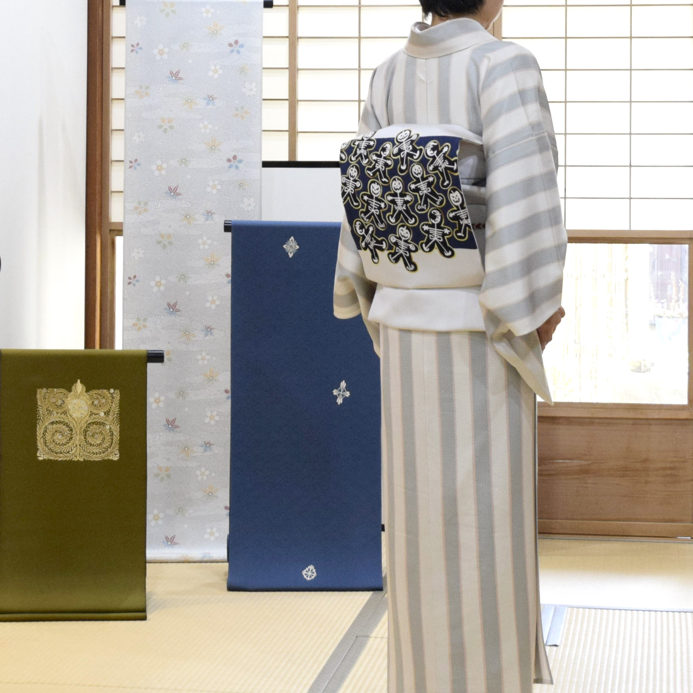単衣 両子持ち縞 ロウケツ 塩瀬の染帯 季節の染帯 ハロウィン クッキーモンスター 今小路 あま宮 神無月のキモノ
