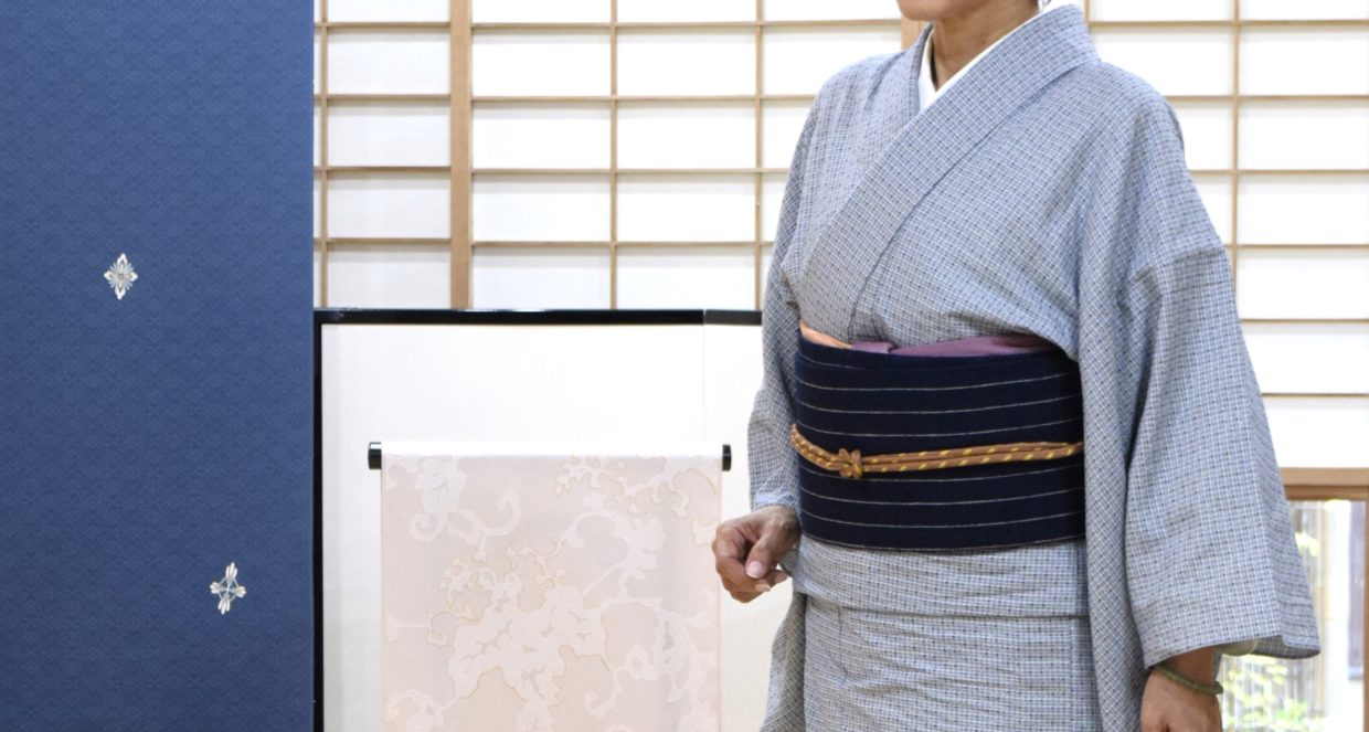 綿麻　与那国綿麻　琉球藍　木綿の九寸名古屋帯　縞　藍　土佐手島　福永世紀子作　今小路 あま宮　神無月のキモノ　雨の日予報のキモノ