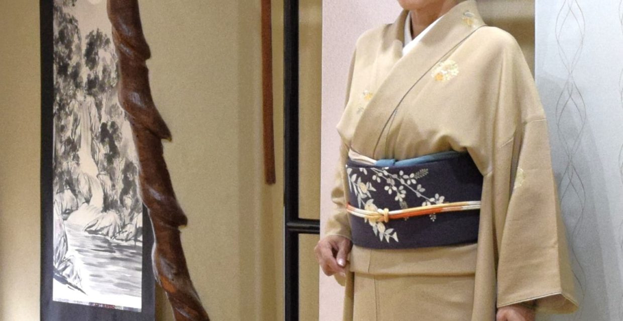 小紋　松竹梅丸文　染の九寸名古屋帯　季節の染帯　縮緬　出合秋草　今小路 あま宮　霜月のキモノ