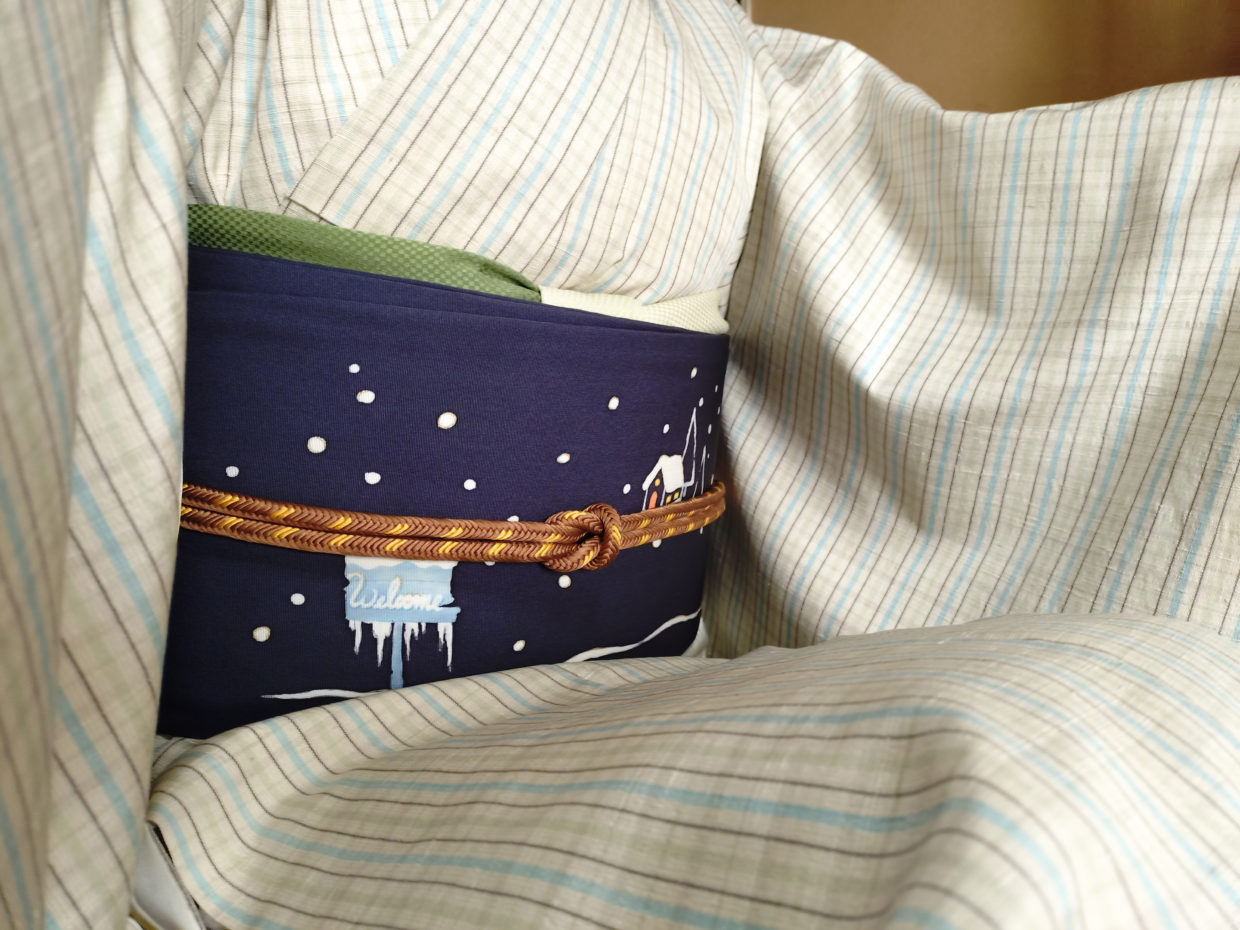 真綿紬　地機　多色縞格子　塩瀬の染帯　季節の染帯　染の九寸名古屋帯　線描き雪だるま　今小路 あま宮　師走のキモノ