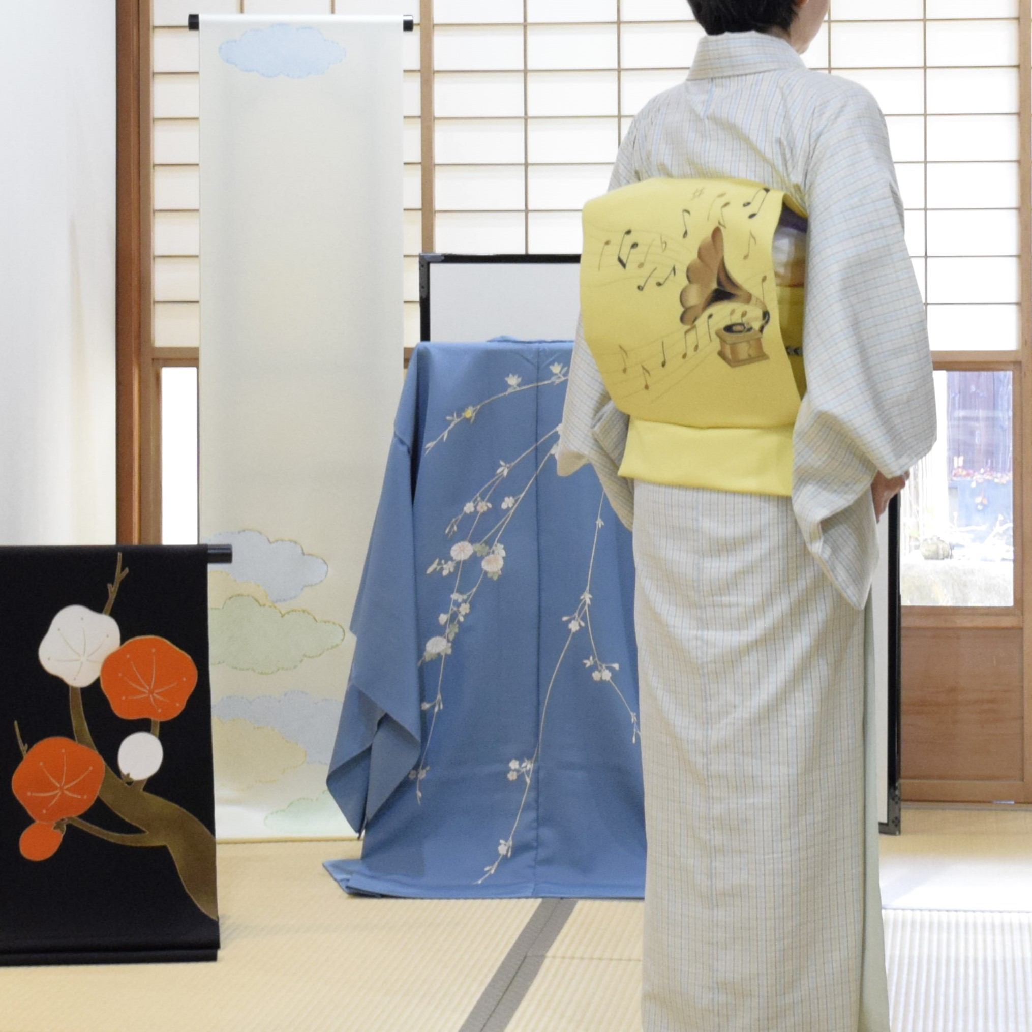 真綿紬 地機 多色縞格子 塩瀬の染帯 蓄音機 今小路 あま宮 師走のキモノ