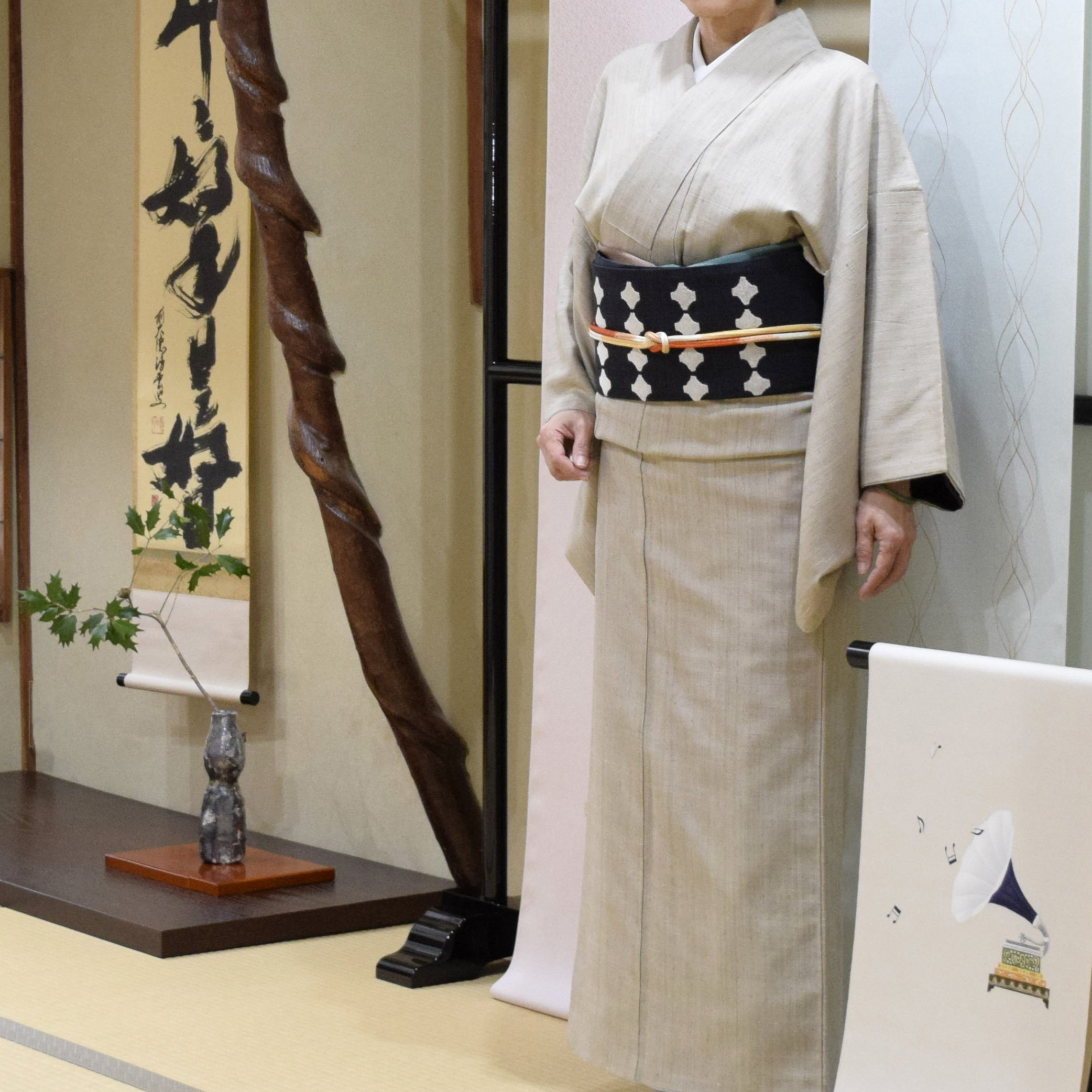 隼人紬　四万十川の桜染め　自然媒染　織の九寸名古屋帯　手織り　草木染　モール糸　モール割付　夢訪庵　今小路 あま宮　睦月のキモノ