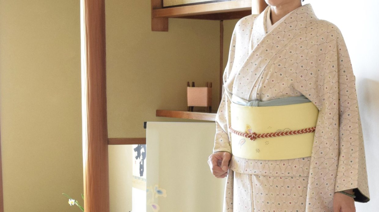 小紋　立涌小花　塩瀬の染帯　染の九寸名古屋帯　ジャワ影絵　今小路 あま宮　如月のキモノ