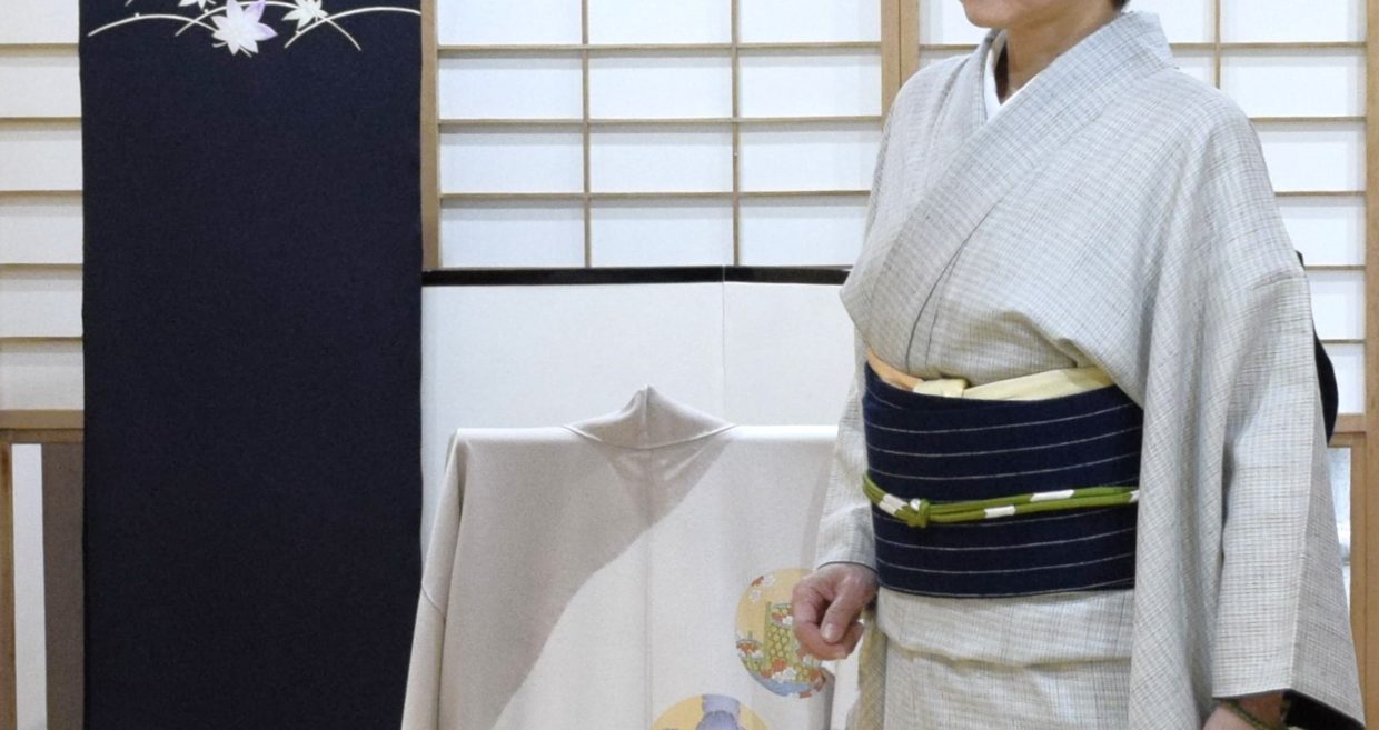 本場結城紬　地機　正藍　正藍格子　織の九寸名古屋帯　手織り　正藍　縞　木綿の帯　今小路 あま宮　弥生のキモノ　雨の日のキモノ