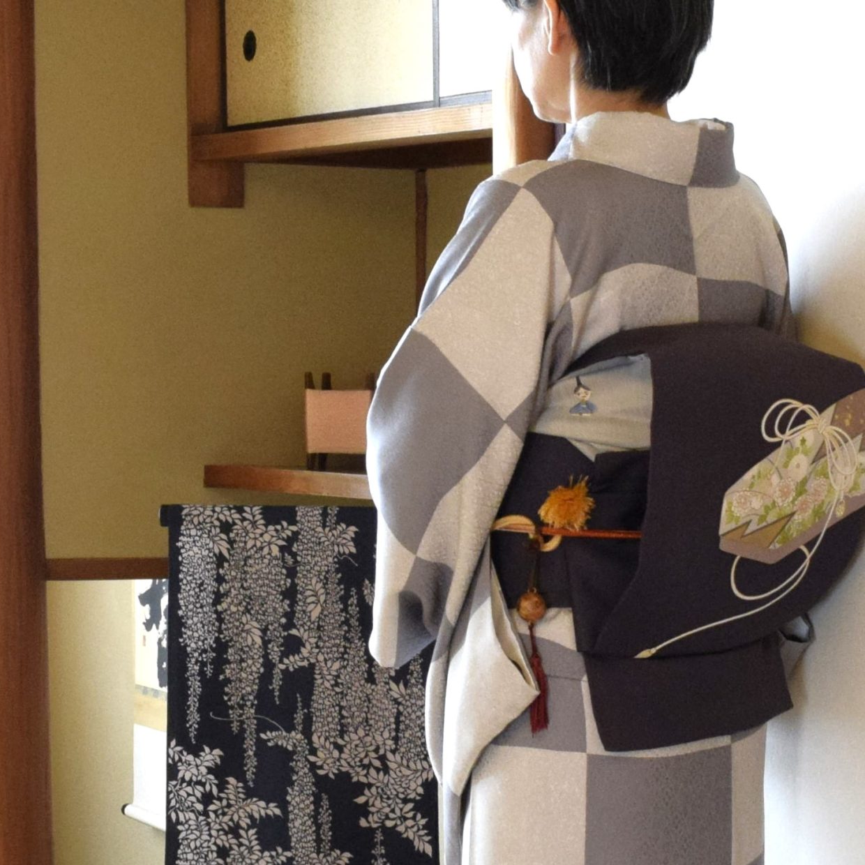 小紋　ロウケツ　二釜市松　鳳凰丸文　塩瀬の染帯　文箱　今小路 あま宮　弥生のキモノ　帯揚げ　お内裏様　男雛