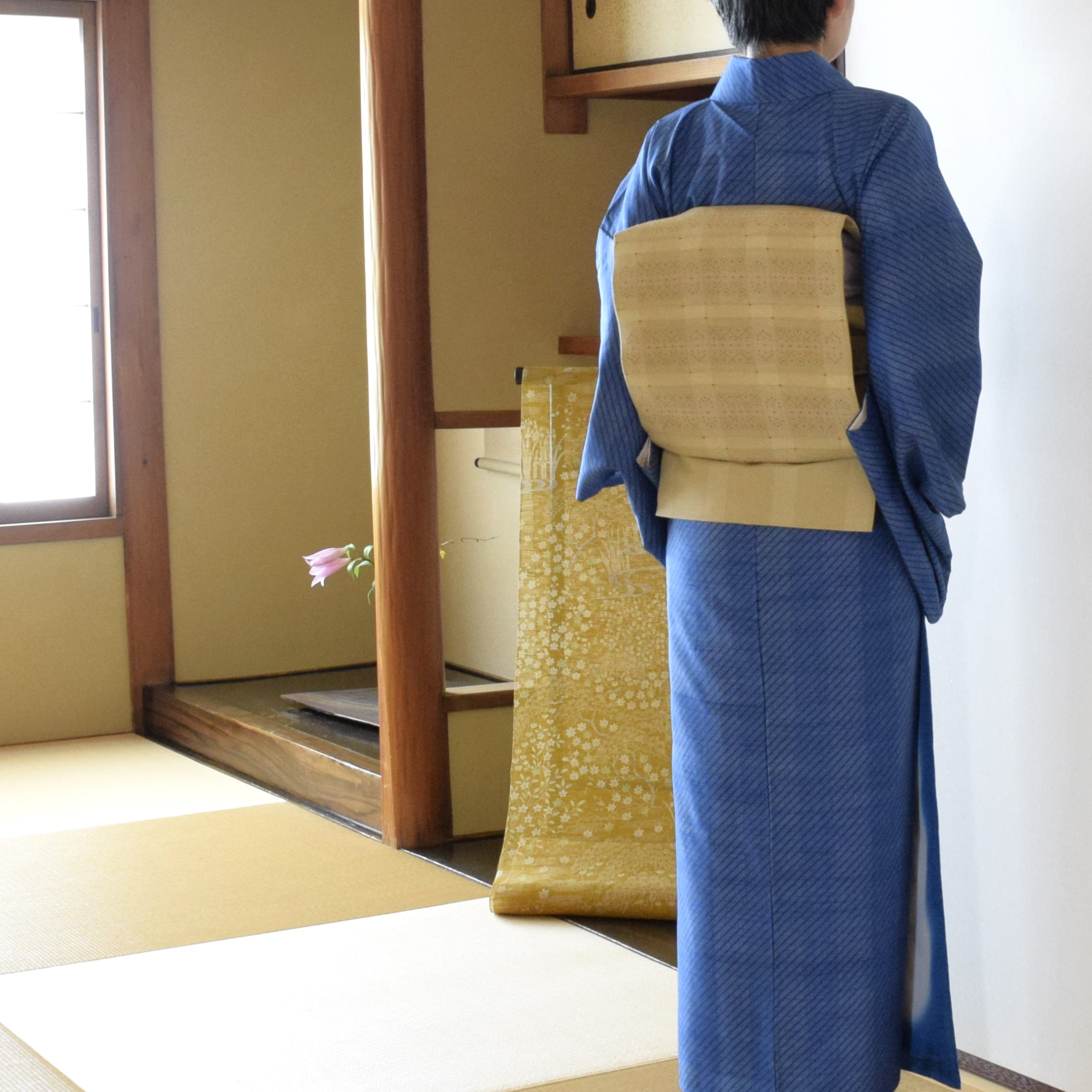 紬大島 大島紬 本場大島紬 バイアス縞 織の九寸名古屋帯 花織 今小路 あま宮 卯月のキモノ