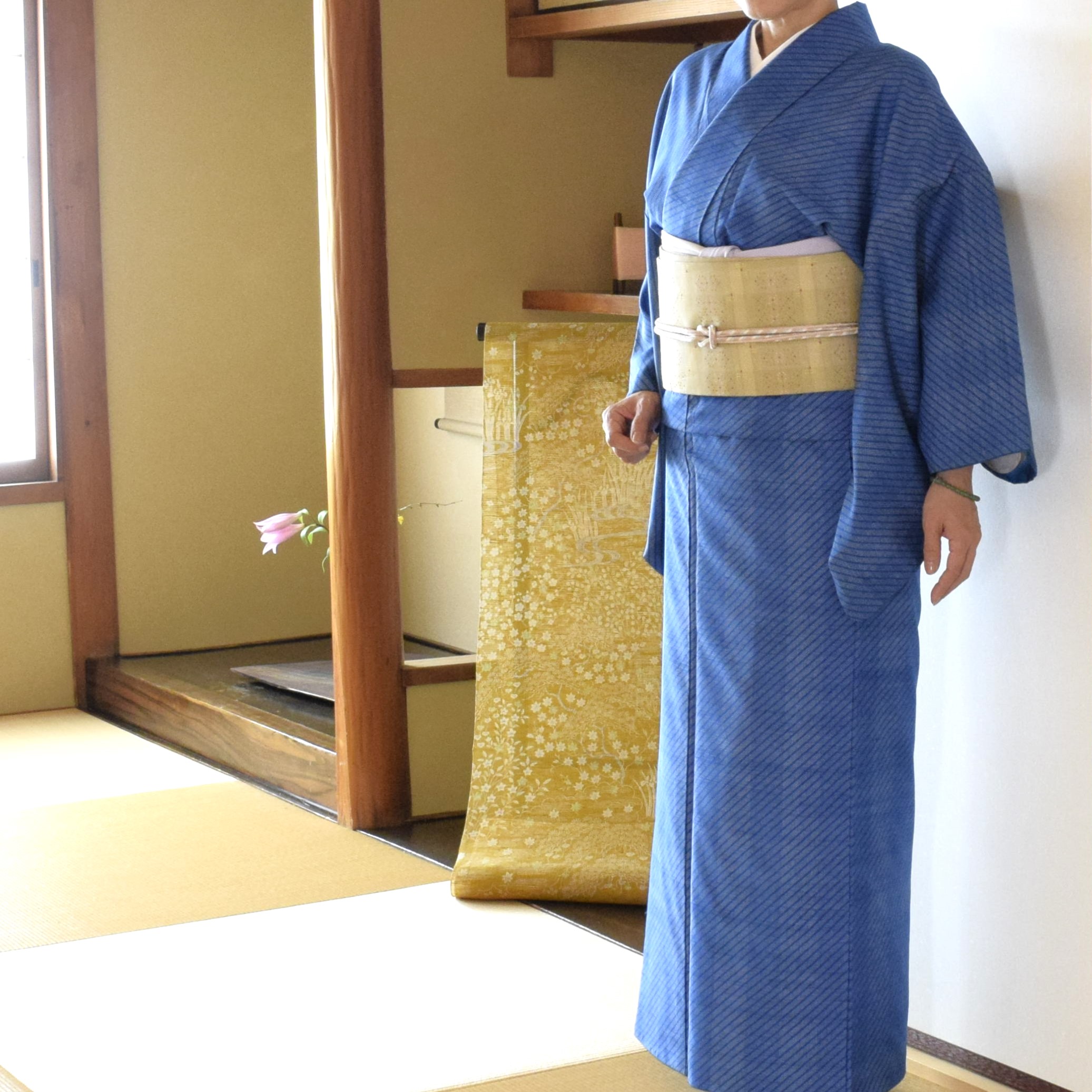 紬大島 大島紬 本場大島紬 バイアス縞 織の九寸名古屋帯 花織 今小路 あま宮 卯月のキモノ