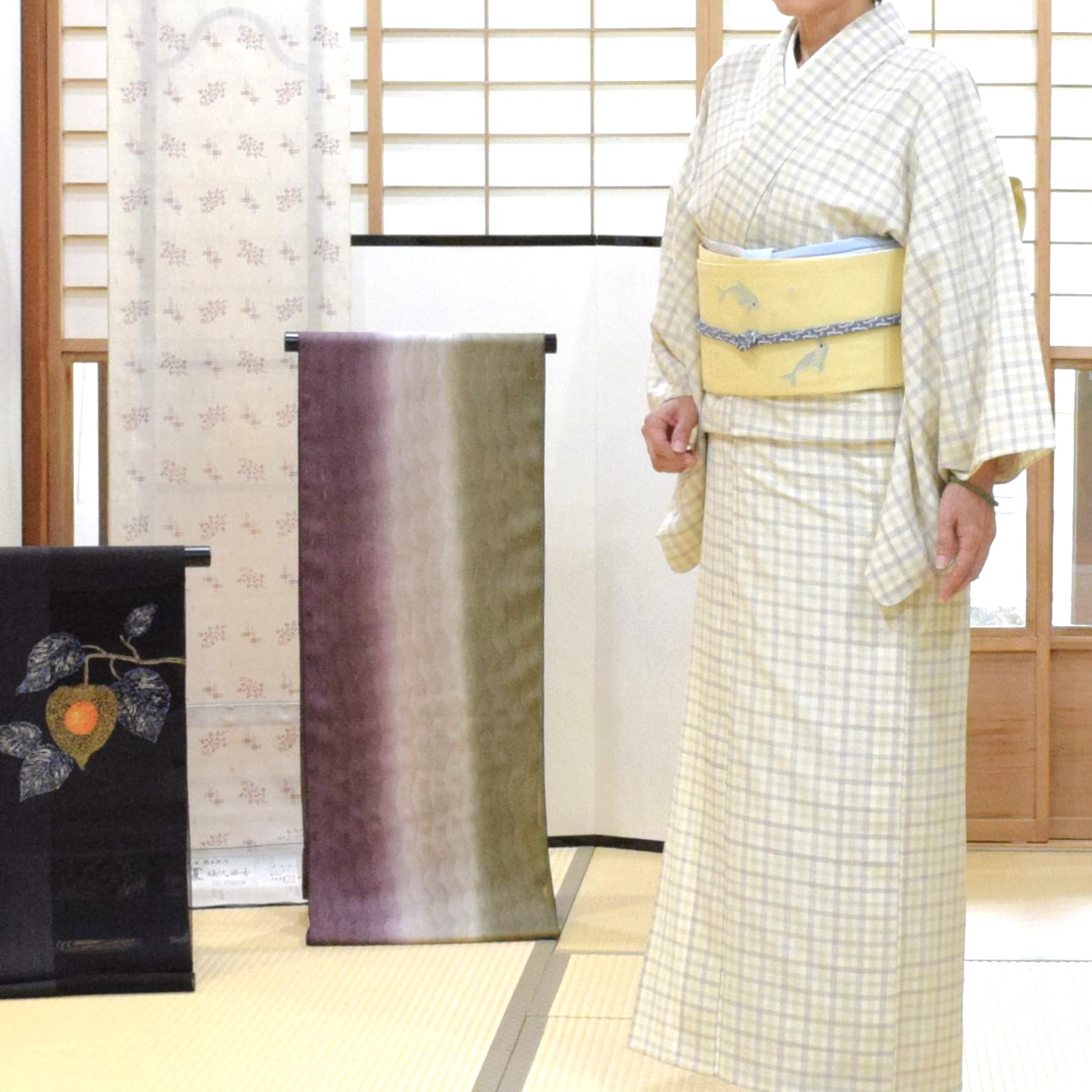 単衣 縮士乎路 多色縞格子 織の九寸名古屋帯 手織 草木染め 刺繡 夢訪庵 イルカ 今小路 あま宮 皐月のキモノ