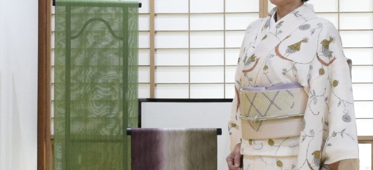 単衣　鬼シボ縮緬　欧風更紗　パッチ鳥　真糊　伊勢型小紋　塩瀬の染帯　分銅　今小路 あま宮　皐月のキモノ