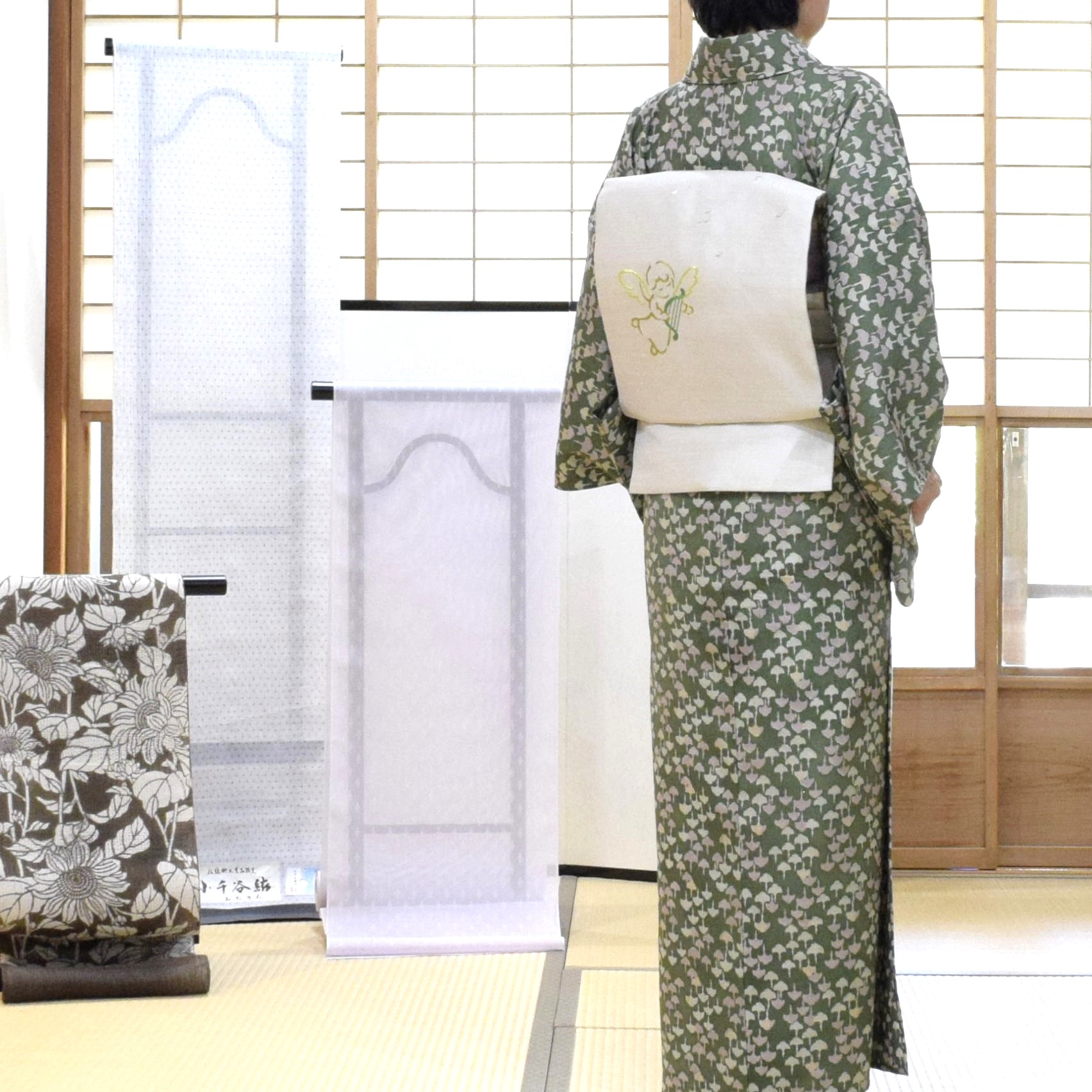 小紋 紬ちりめん 単衣 真糊 伊勢型小紋 鶴 織の九寸名古屋帯 手織り 草木染め 夢訪庵 天使とハープ 今小路 あま宮 皐月のキモノ