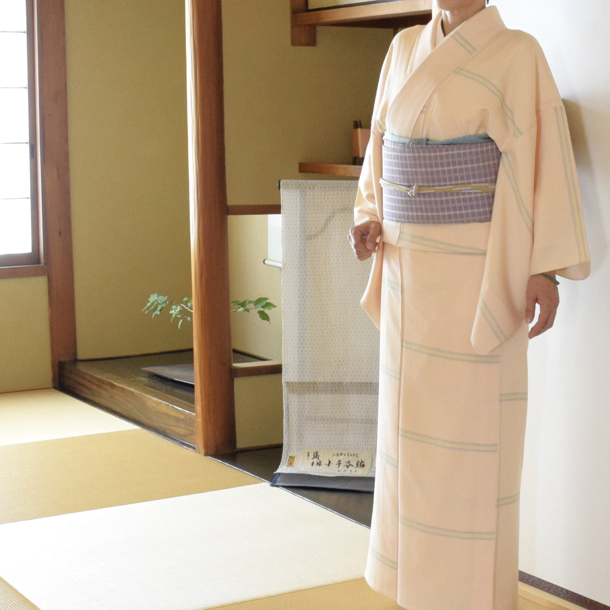 紬ちりめん 真糊 伊勢型紙 横段縞 夏帯 吉野間道 今小路 あま宮 水無月のキモノ