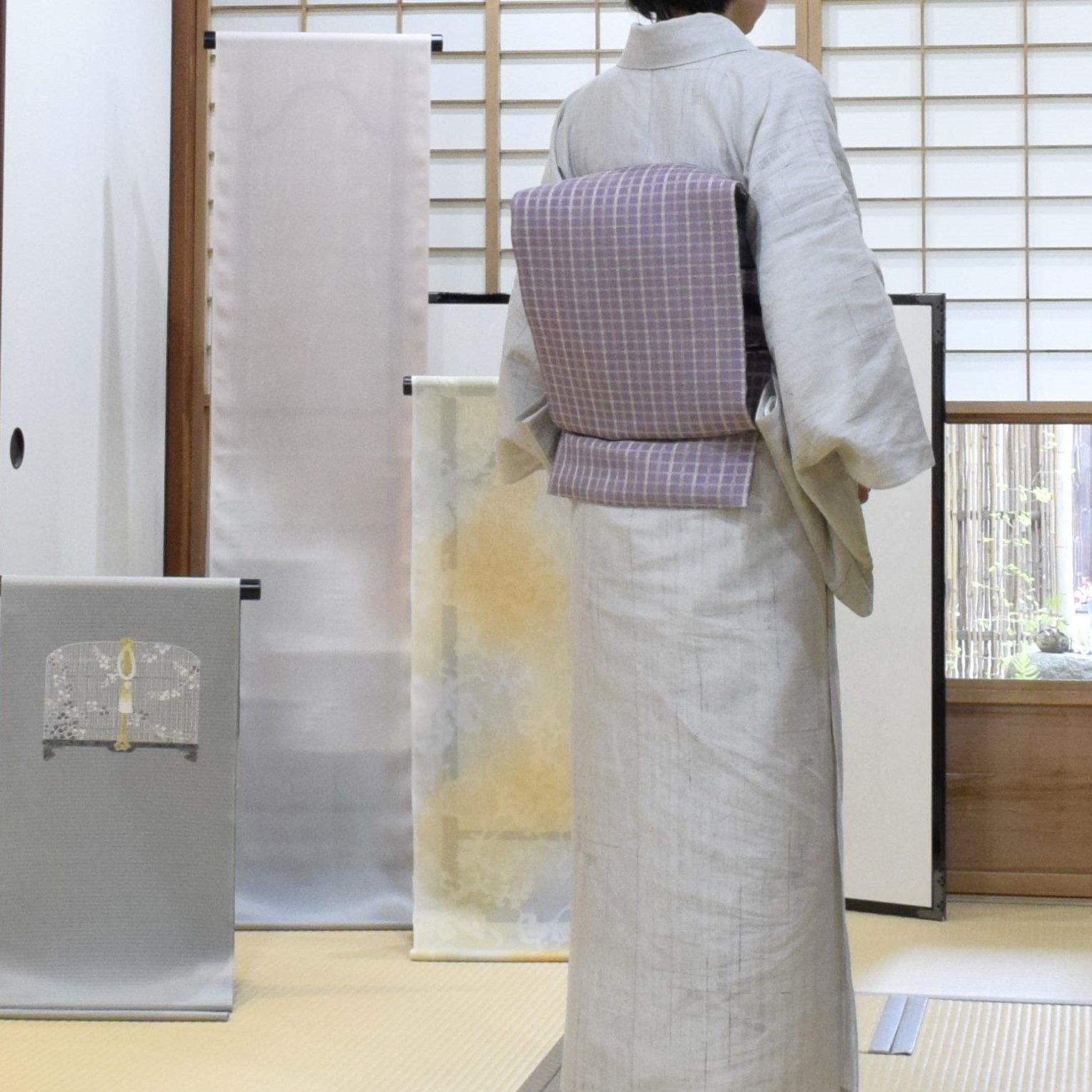 絹麻 夏結城 越後上布の麻糸 結城紬 地機 飛び絣 夏帯 間道 今小路 あま宮 水無月のキモノ