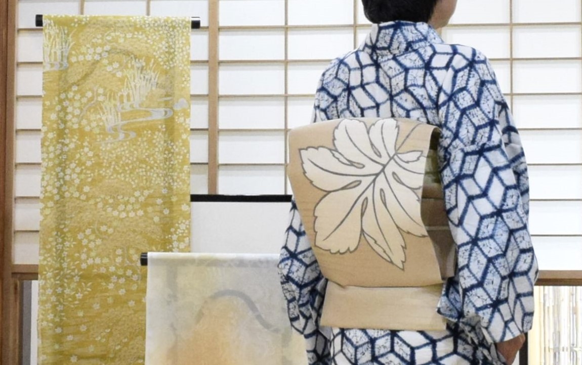 浴衣　絞り　有松絞り　手絞り　正藍　石畳　夏帯　ヤツデ　今小路 あま宮　文月のキモノ