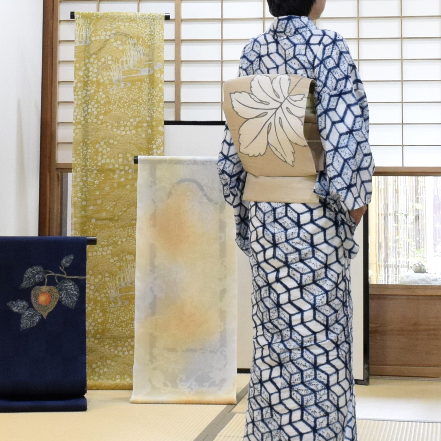 浴衣 絞り 有松絞り 手絞り 正藍 石畳 夏帯 ヤツデ 今小路 あま宮 文月のキモノ
