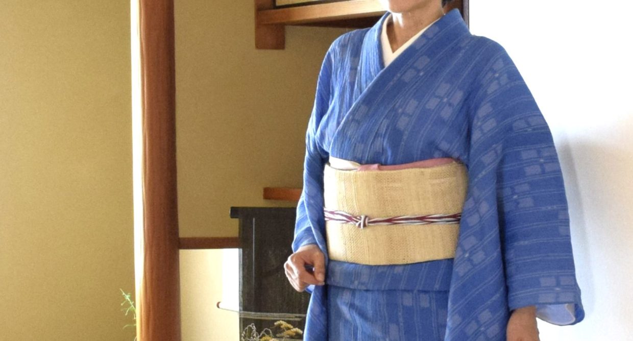 小千谷縮　機械織　経絣　紫陽花　自然布　八寸　藤布　今小路 あま宮　文月のキモノ