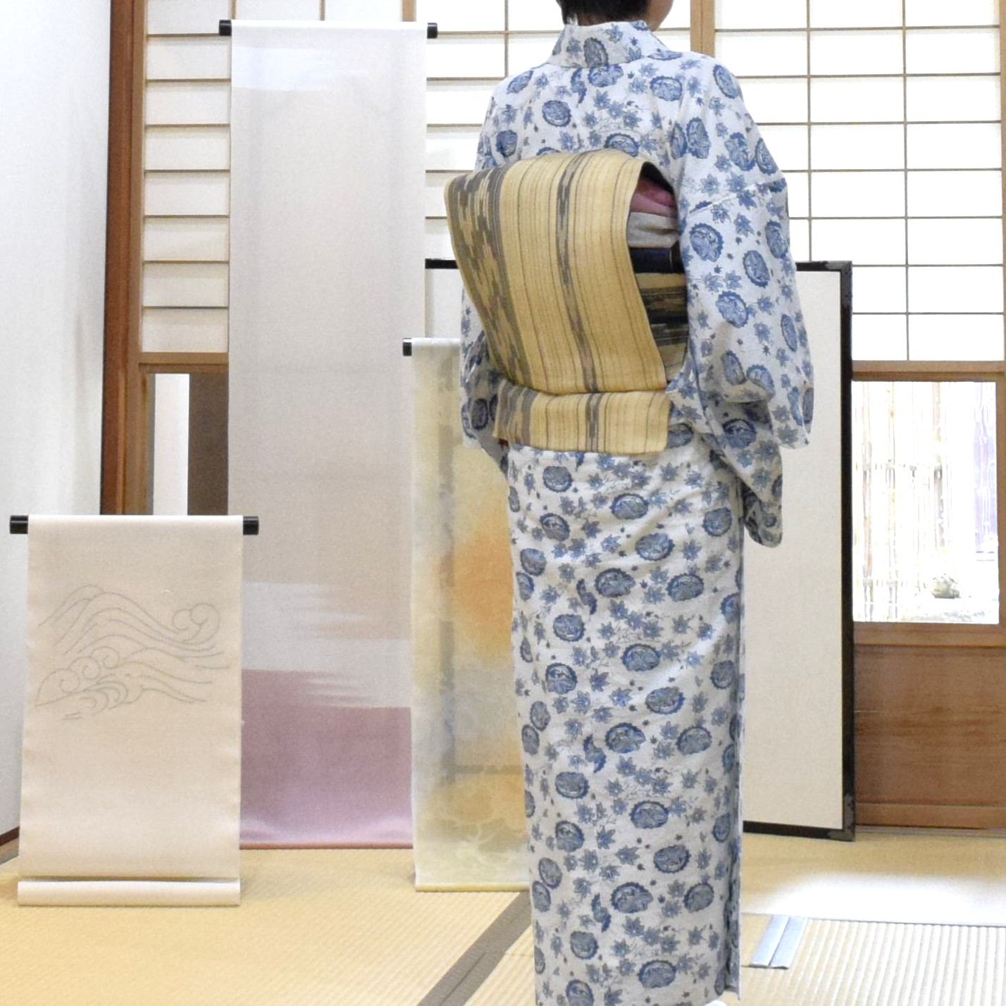 浴衣 長板中型 松原忠 2枚型 桐に鳳凰と楓 夏帯 自然布 仕立て替え 芭蕉布 琴路 長板中型 松原忠 2枚型 桐に鳳凰と楓 夏帯 自然布 仕立て替え 芭蕉布 琴柱 今小路 あま宮 葉月のキモノ