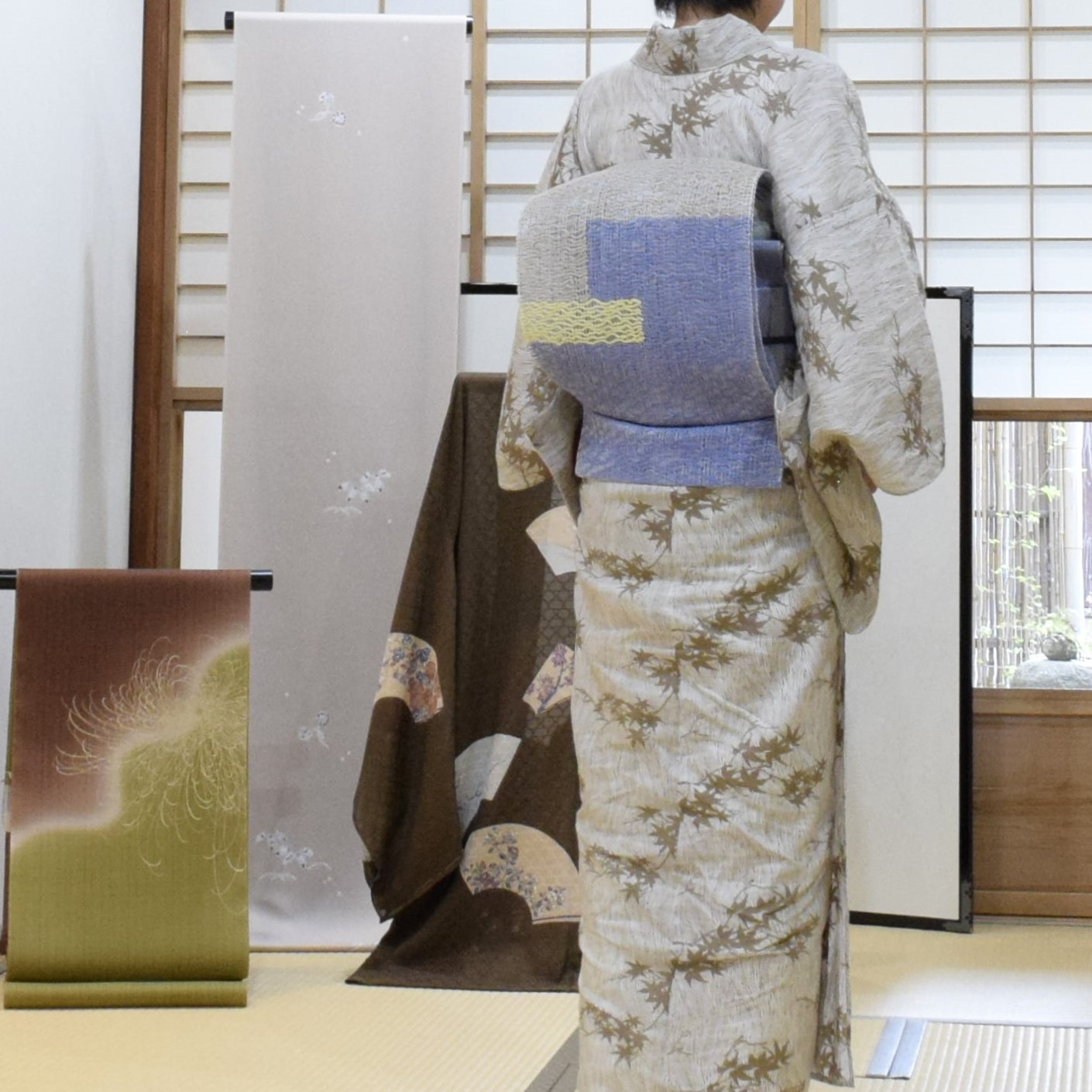 エジプト綿麻 真糊 伊勢型小紋 よろけ縞に楓 夏帯 ザックリ八寸 織り分け 今小路 あま宮 葉月のキモノ