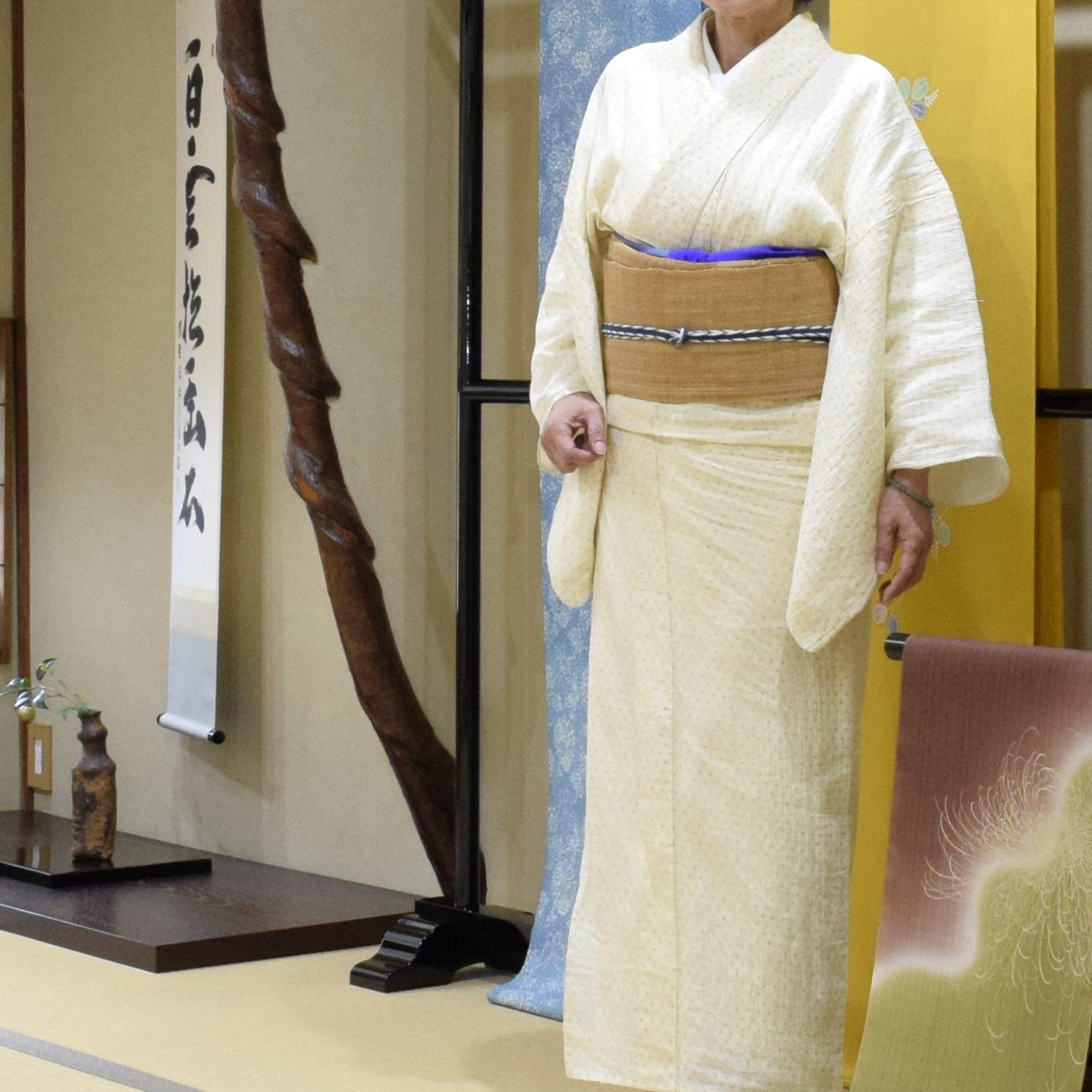 小千谷縮 手織り 十字絣 自然布 しな布 今小路 あま宮 葉月のキモノ