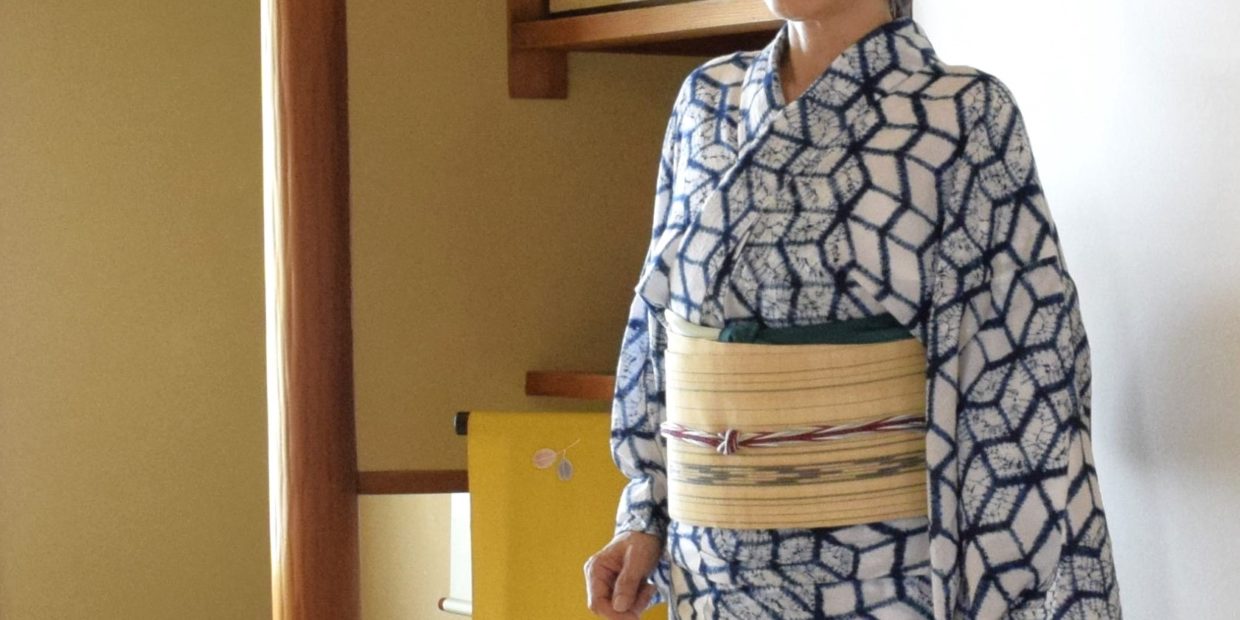浴衣　有松絞り　正藍　石畳　夏帯　芭蕉布　半巾帯から仕立て替え　今小路 あま宮　葉月のキモノ