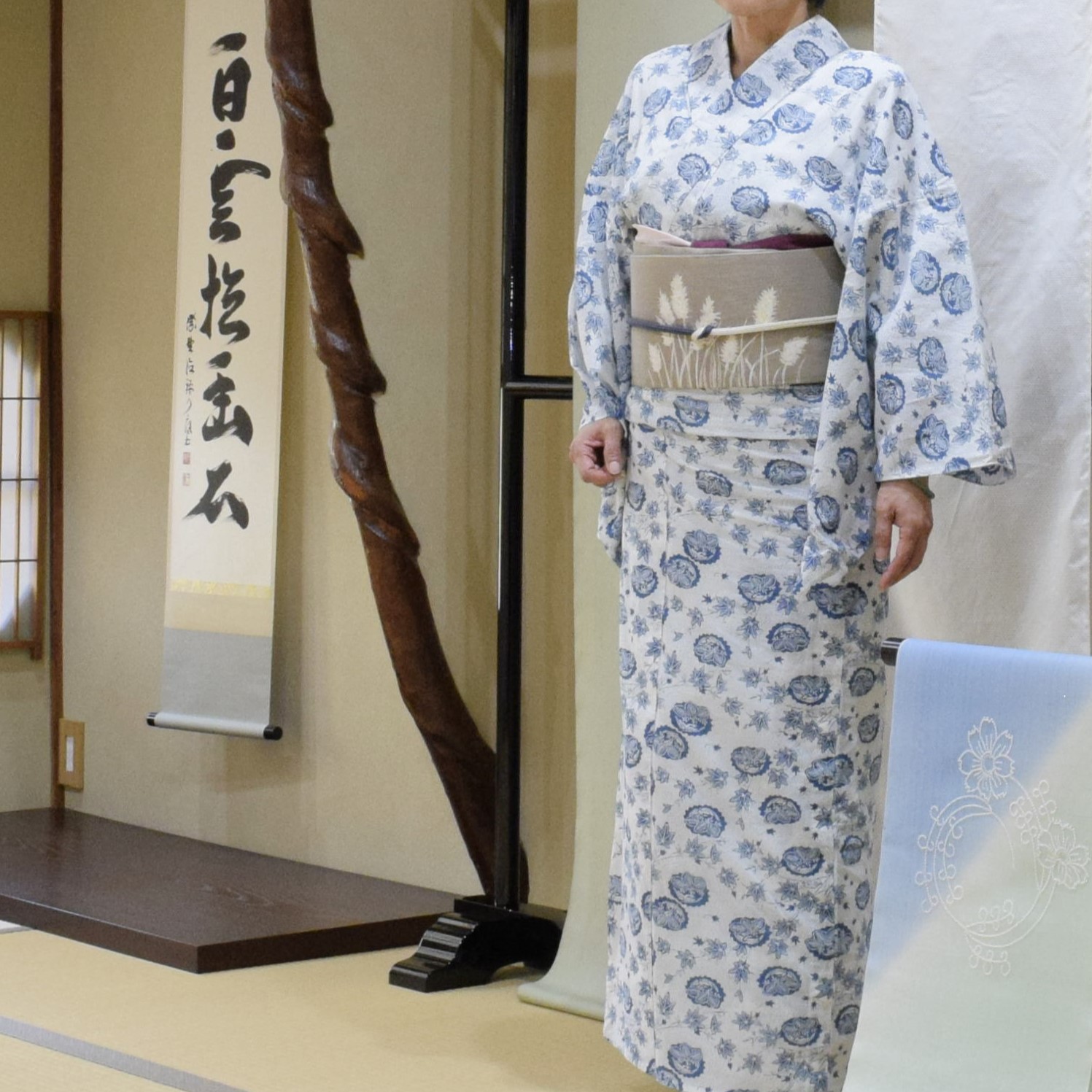 浴衣 松原忠 両面染め 桐と鳳凰に楓 夏帯 麻九寸 穂 今小路 あま宮 葉月のキモノ