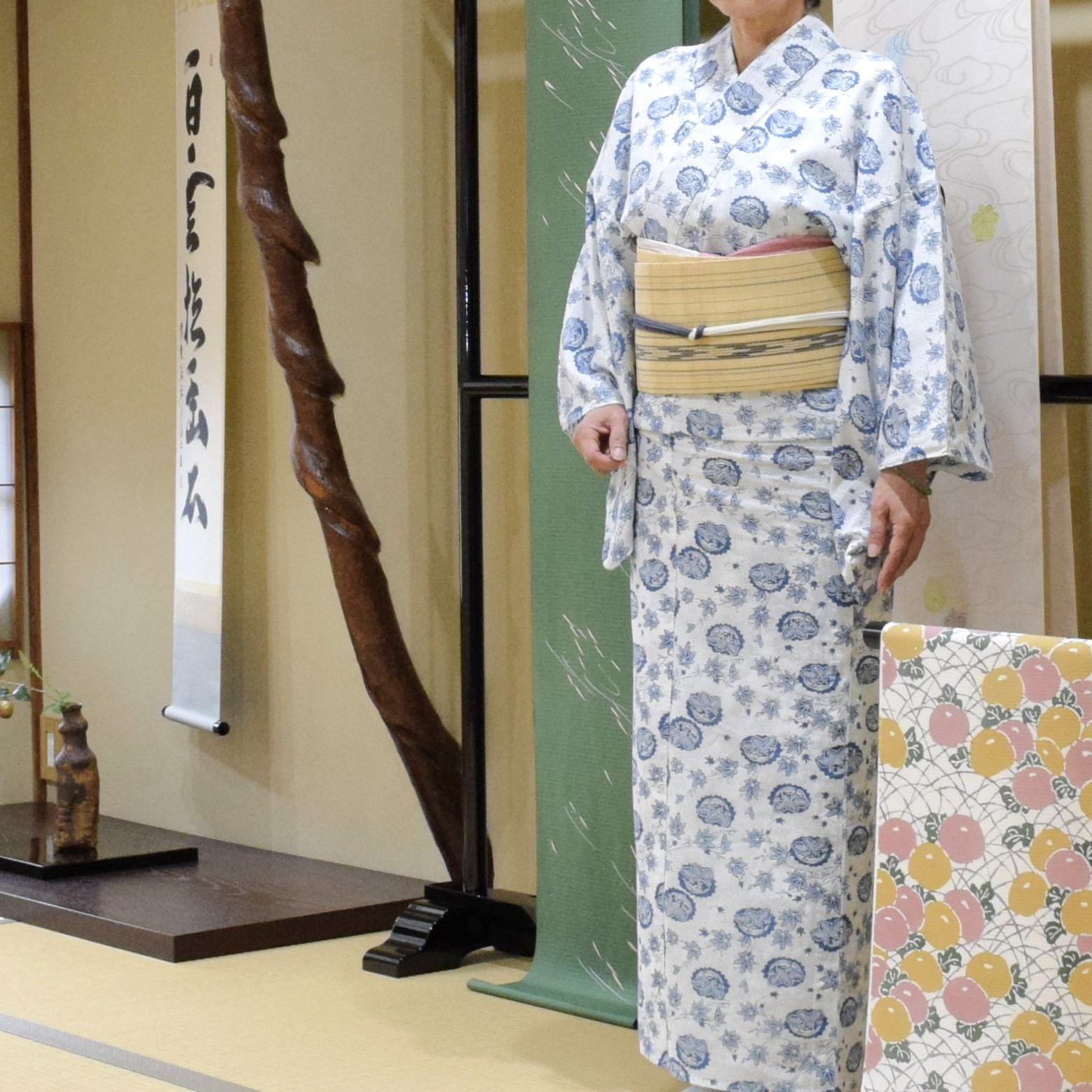浴衣 長板中型 松原忠 2枚型 桐に鳳凰と楓 夏帯 自然布 仕立て替え 芭蕉布 琴路 長板中型 松原忠 2枚型 桐に鳳凰と楓 夏帯 自然布 仕立て替え 芭蕉布 琴柱 今小路 あま宮 葉月のキモノ