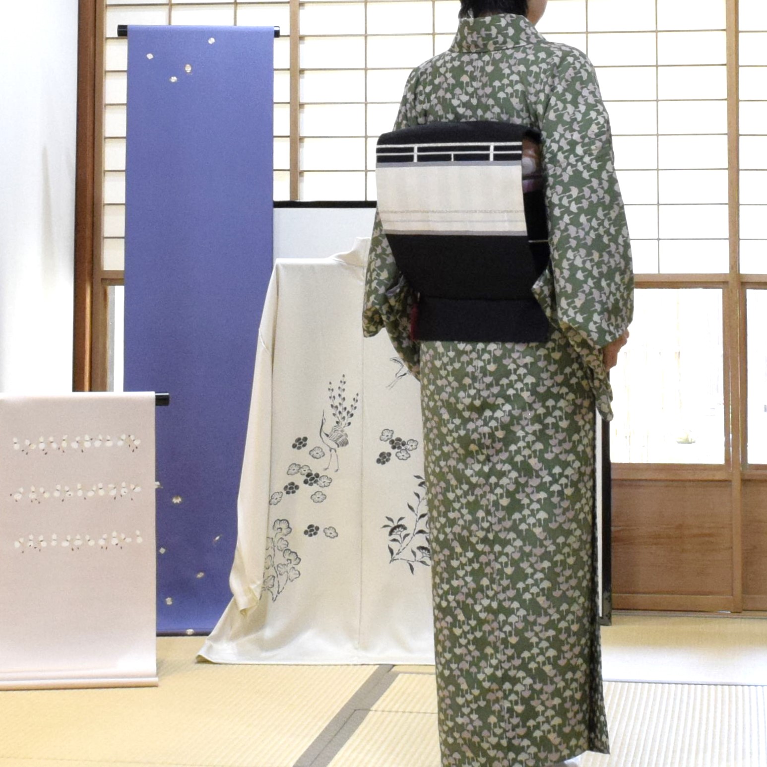 単衣 紬ちりめん 鶴 真糊 伊勢型小紋 八寸 本掻き爪綴れ 三条大橋 今小路 あま宮 京都 長月のキモノ