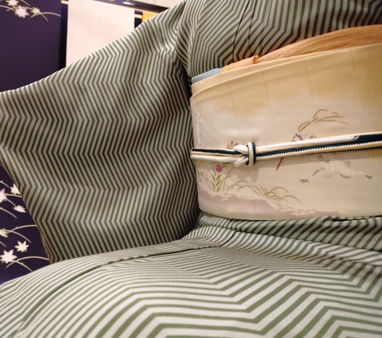 京都　単衣　小紋　山道縞　真糊　伊勢型小紋　夏帯　段絽　染め替えた帯　鳥獣戯画　今小路 あま宮　長月のキモノ　店外催事のキモノ