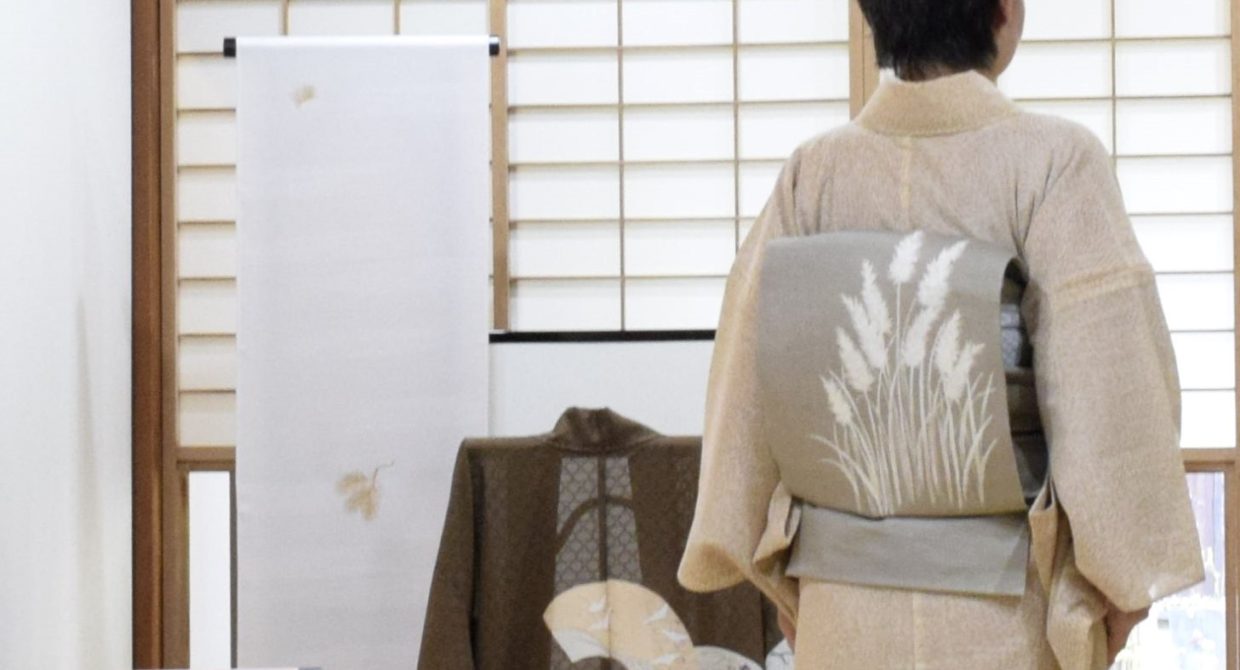 絽紬　むじな菊　真糊　伊勢型小紋　夏帯　麻九寸　穂　今小路 あま宮　長月のキモノ　京都