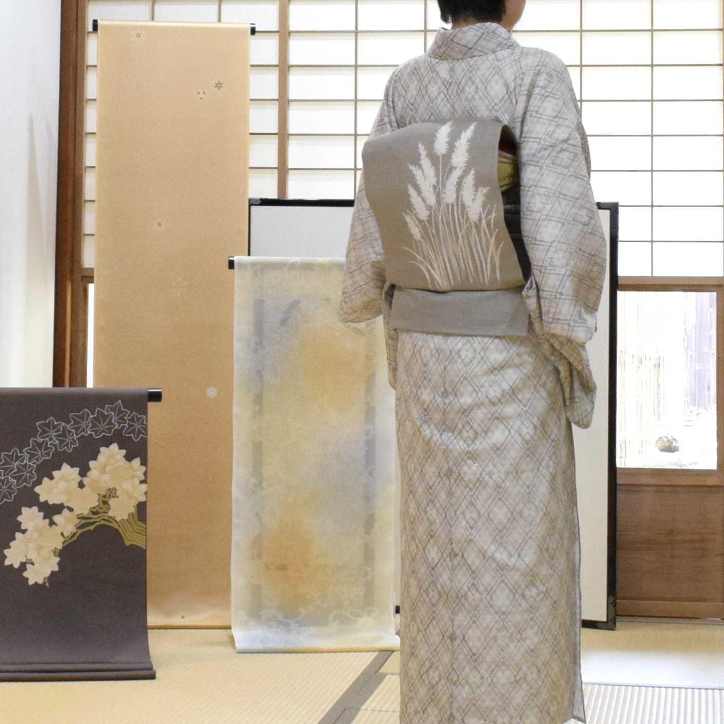 紗紬 ぜんまい入り 摺り小紋 菱重ね格子 夏帯 麻の九寸名古屋帯 染の九寸名古屋帯 穂 今小路 あま宮 長月のキモノ