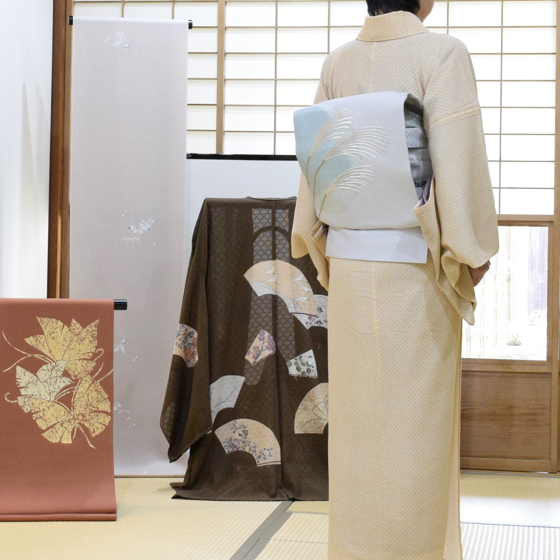 絽ちり 丸並び 真糊 伊勢型小紋 織の九寸名古屋帯 手織り 草木染 刺繍 夢訪庵 今小路 あま宮 京都 長月のキモノ