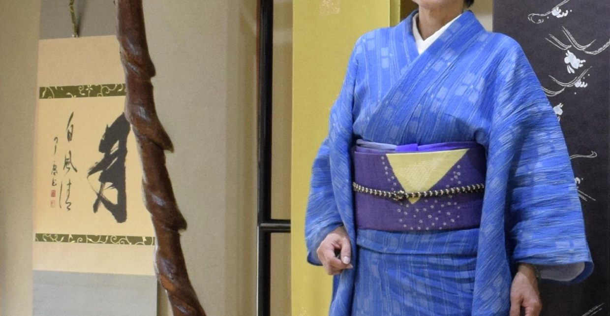小千谷縮　機械織　経絣　紫陽花　夏帯　絞り　きりばみ　今小路 あま宮　長月のキモノ