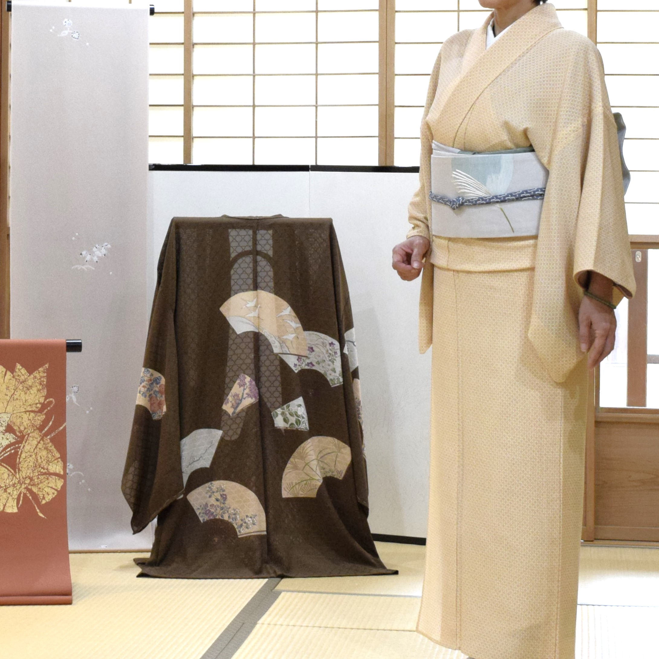 絽ちり 丸並び 真糊 伊勢型小紋 織の九寸名古屋帯 手織り 草木染 刺繍 夢訪庵 今小路 あま宮 京都 長月のキモノ