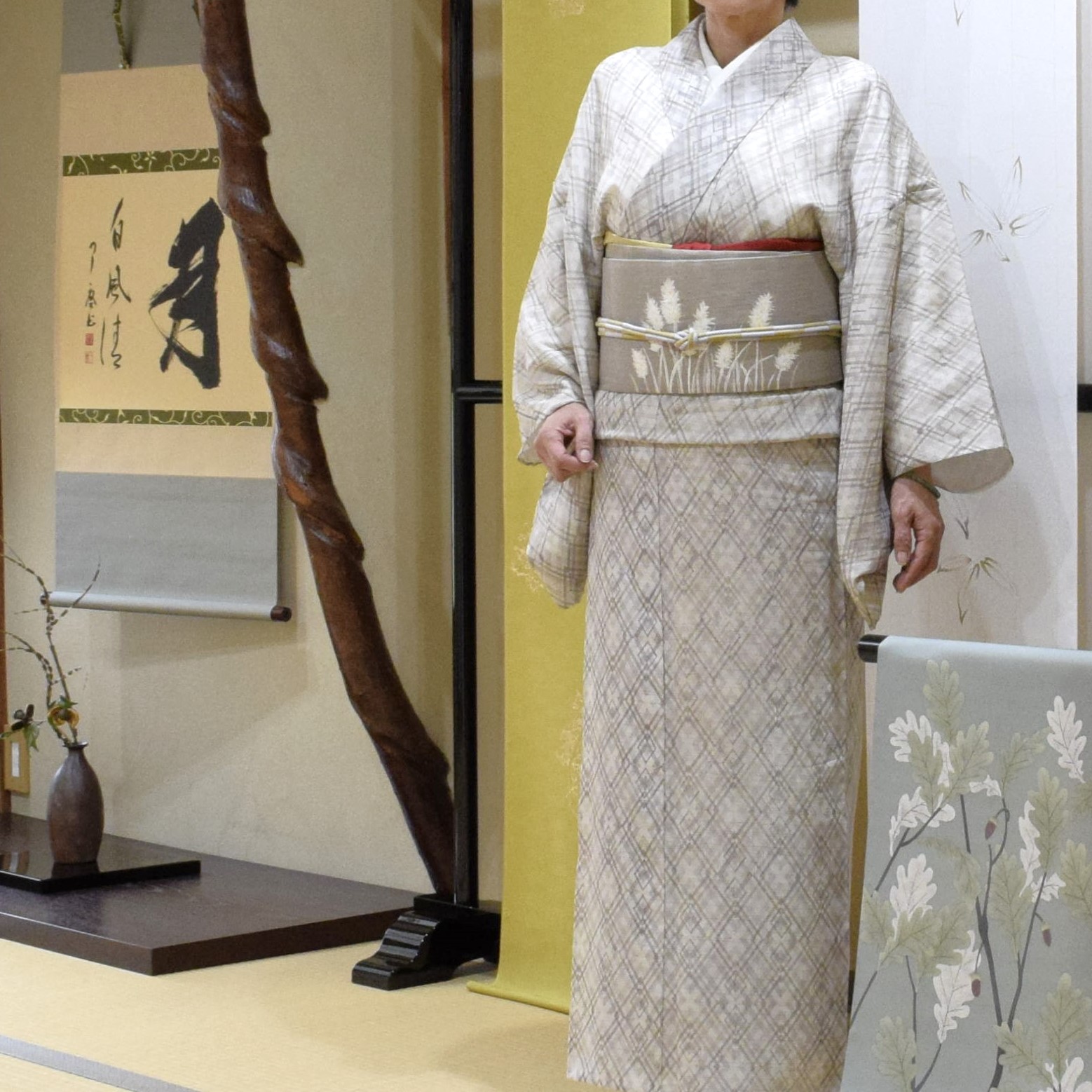 紗紬 ぜんまい入り 摺り小紋 菱重ね格子 夏帯 麻の九寸名古屋帯 染の九寸名古屋帯 穂 今小路 あま宮 長月のキモノ