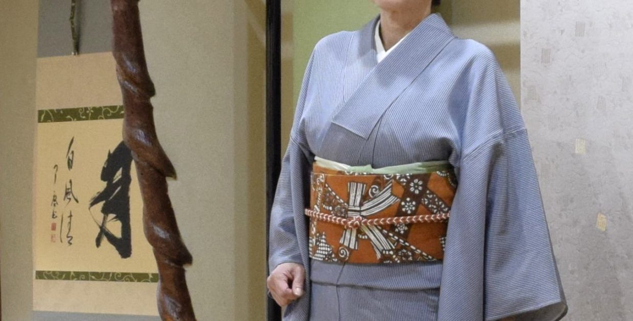 単衣　縞　染の九寸名古屋帯　型絵　荒川眞理子作　リボン　今小路 あま宮　神無月のキモノ