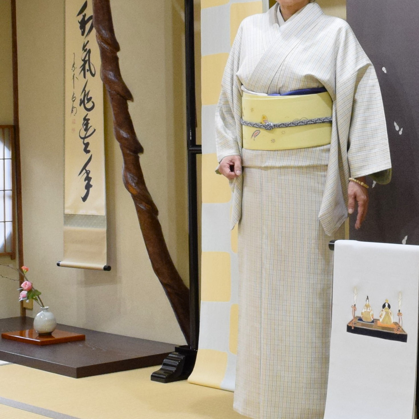 地機　真綿紬　手織り　多色縞格子　塩瀬の染め帯　ジャワ影絵　今小路 あま宮　京都　睦月のキモノ